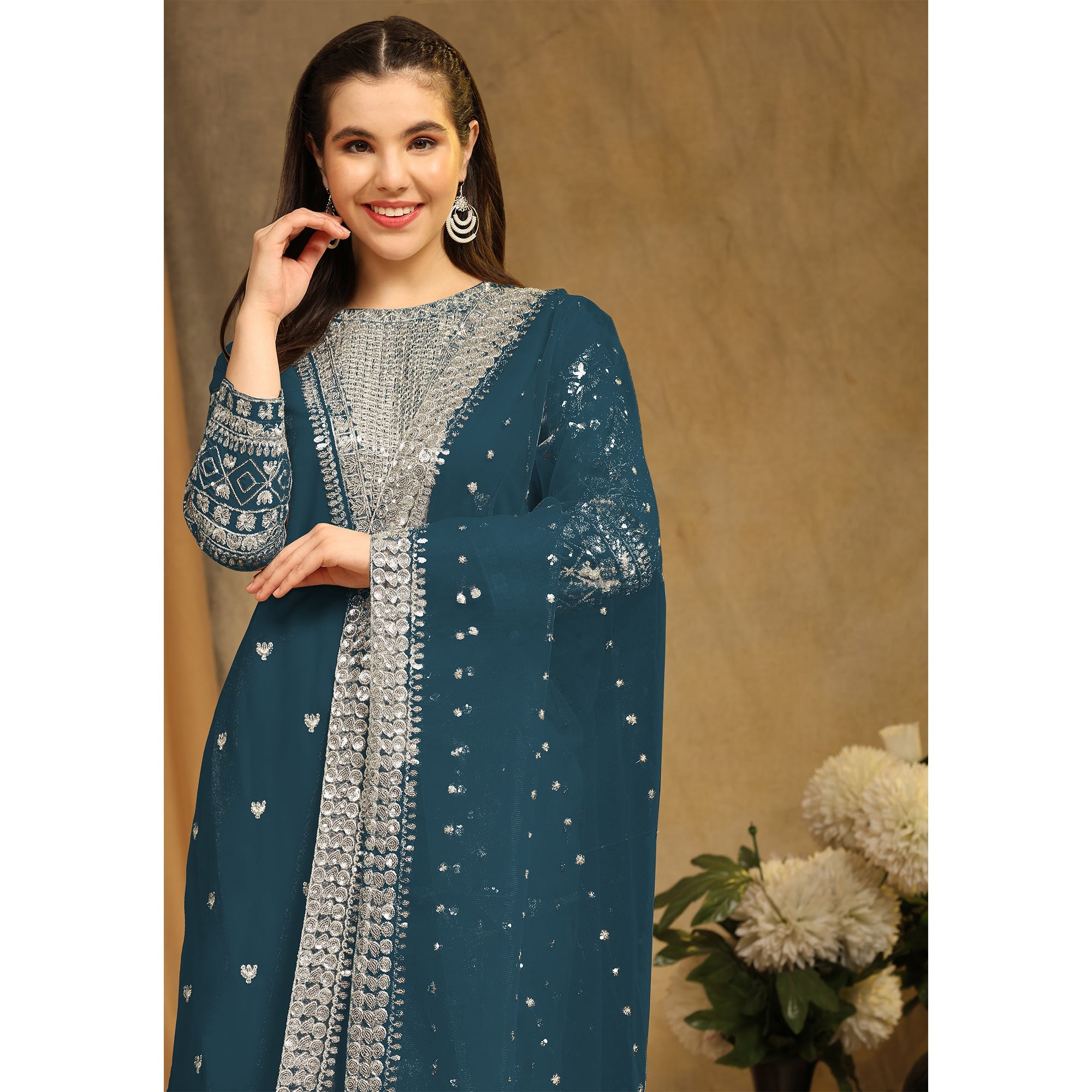 Peachmode Morpich Sequins Embroidered Georgette Semi Stitched Salwar Suit - view 8