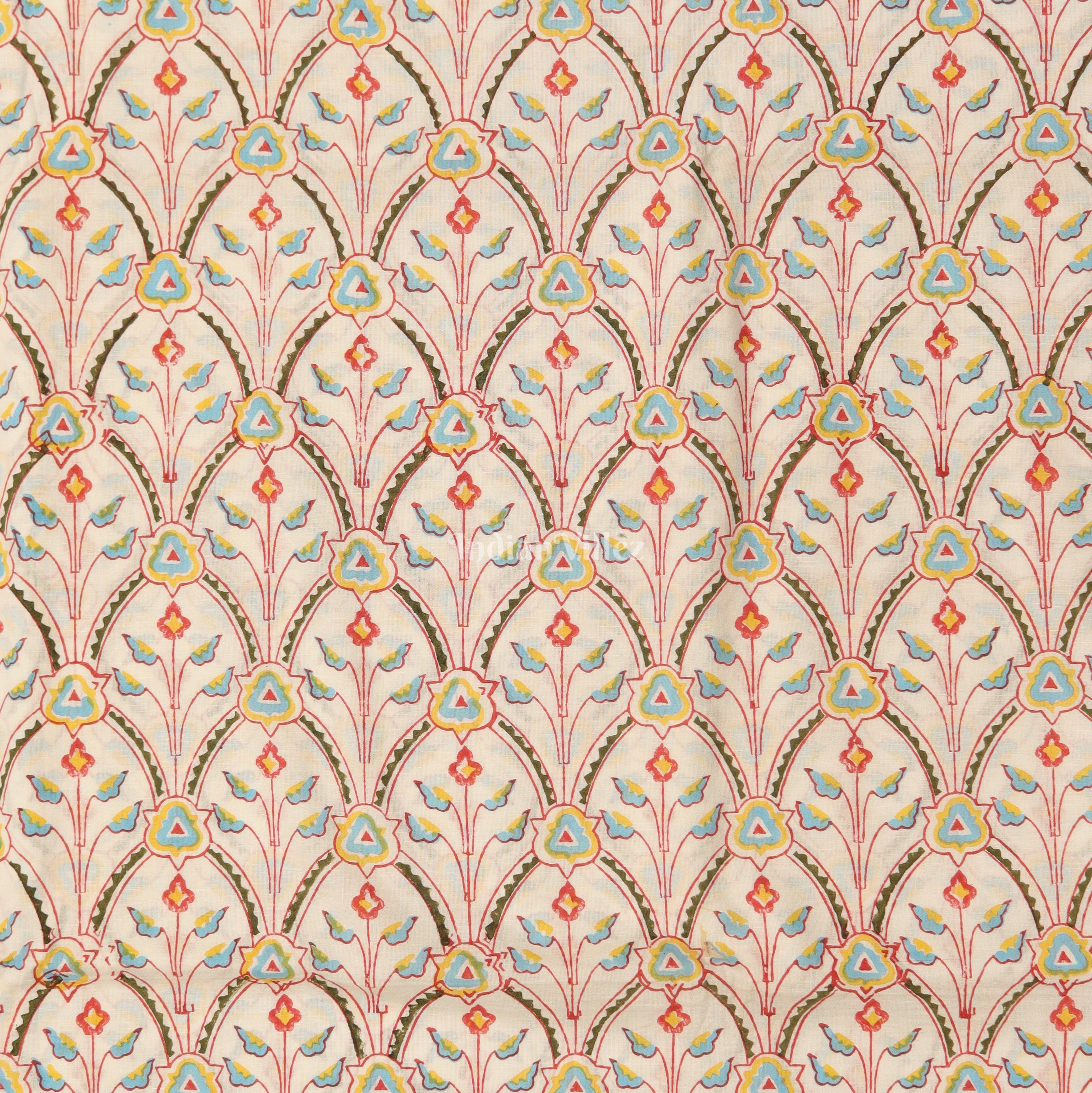 IndianVillèz White Flower Motif Hand Block Printed Cotton Fabric - view 2