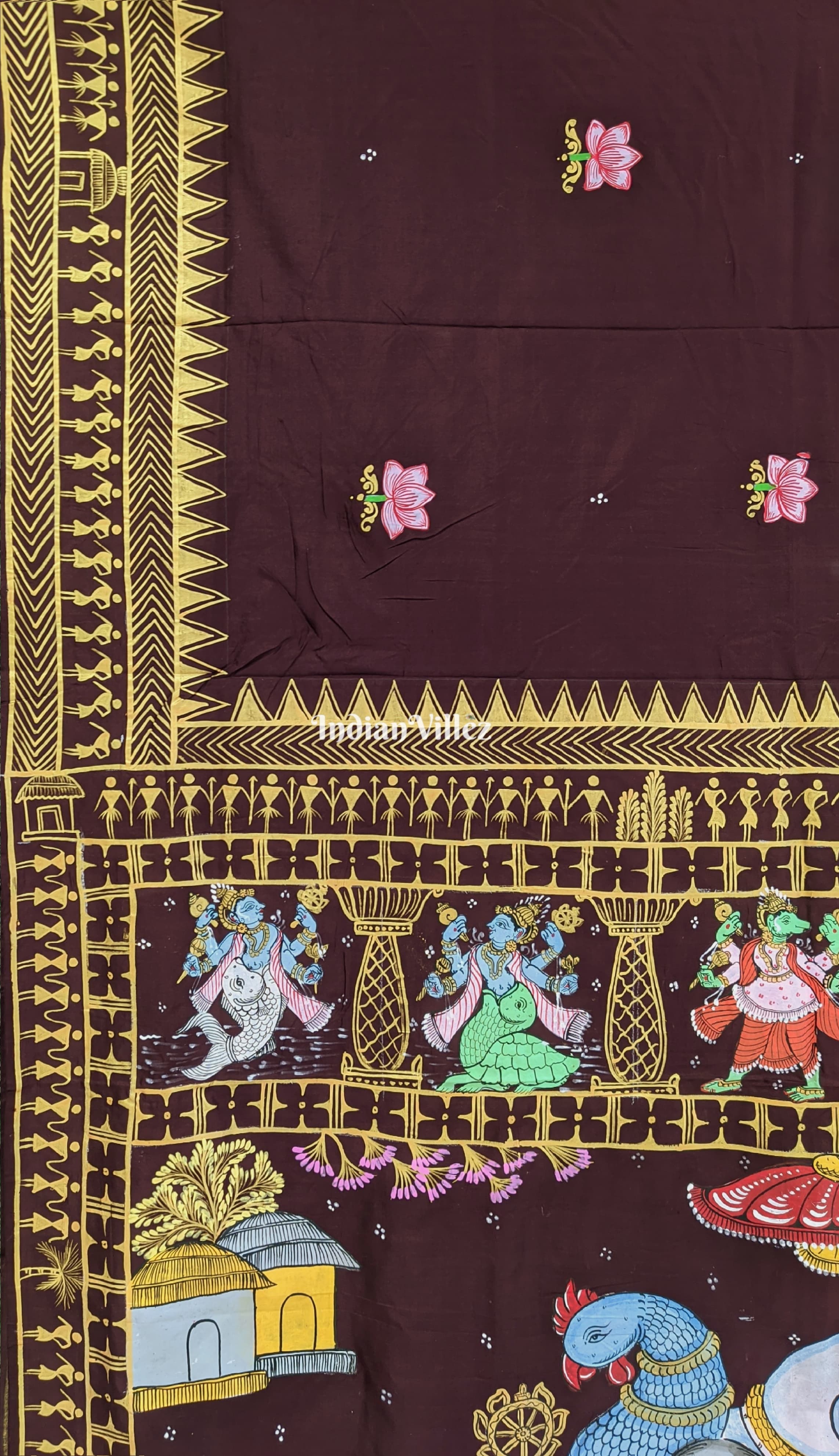 IndianVillèz Arjuna Bows to Navagunjara Pure Hand-Painted Pattachitra Saree - view 10