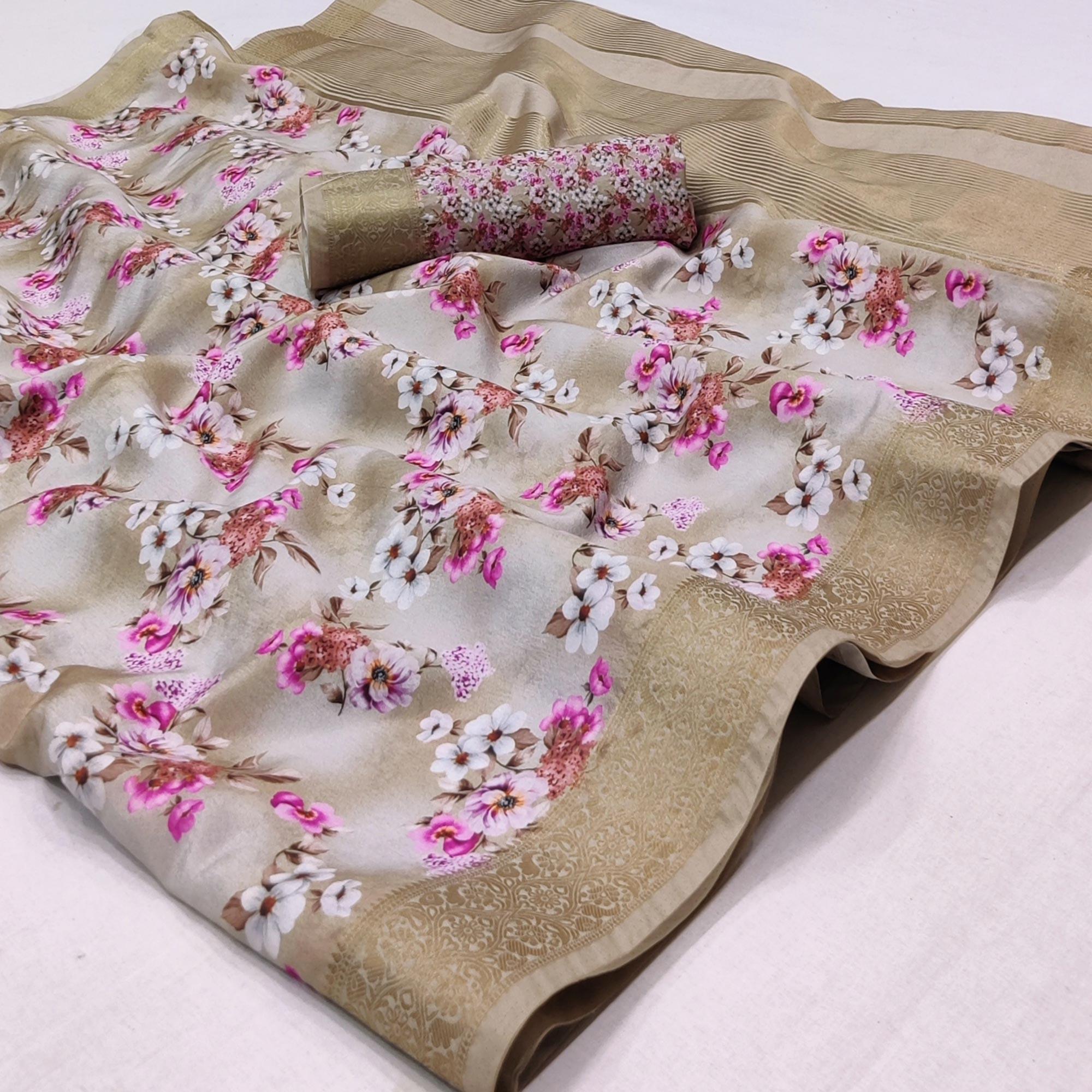 Peachmode Chikoo Digital Printed Dola Silk Saree