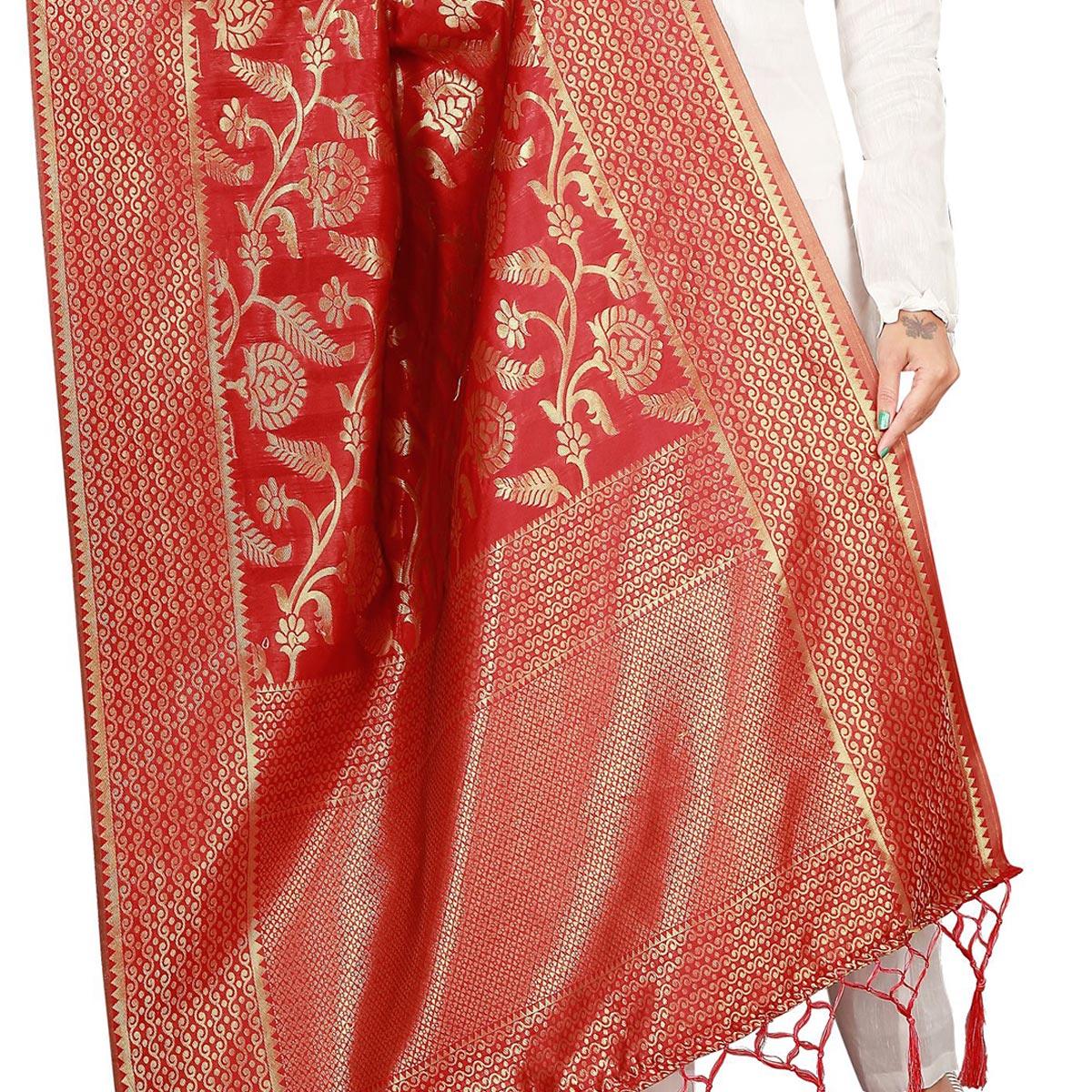 Peachmode Seller Innovative Red Colored Festive Wear Banarasi Silk Dupatta - view 2