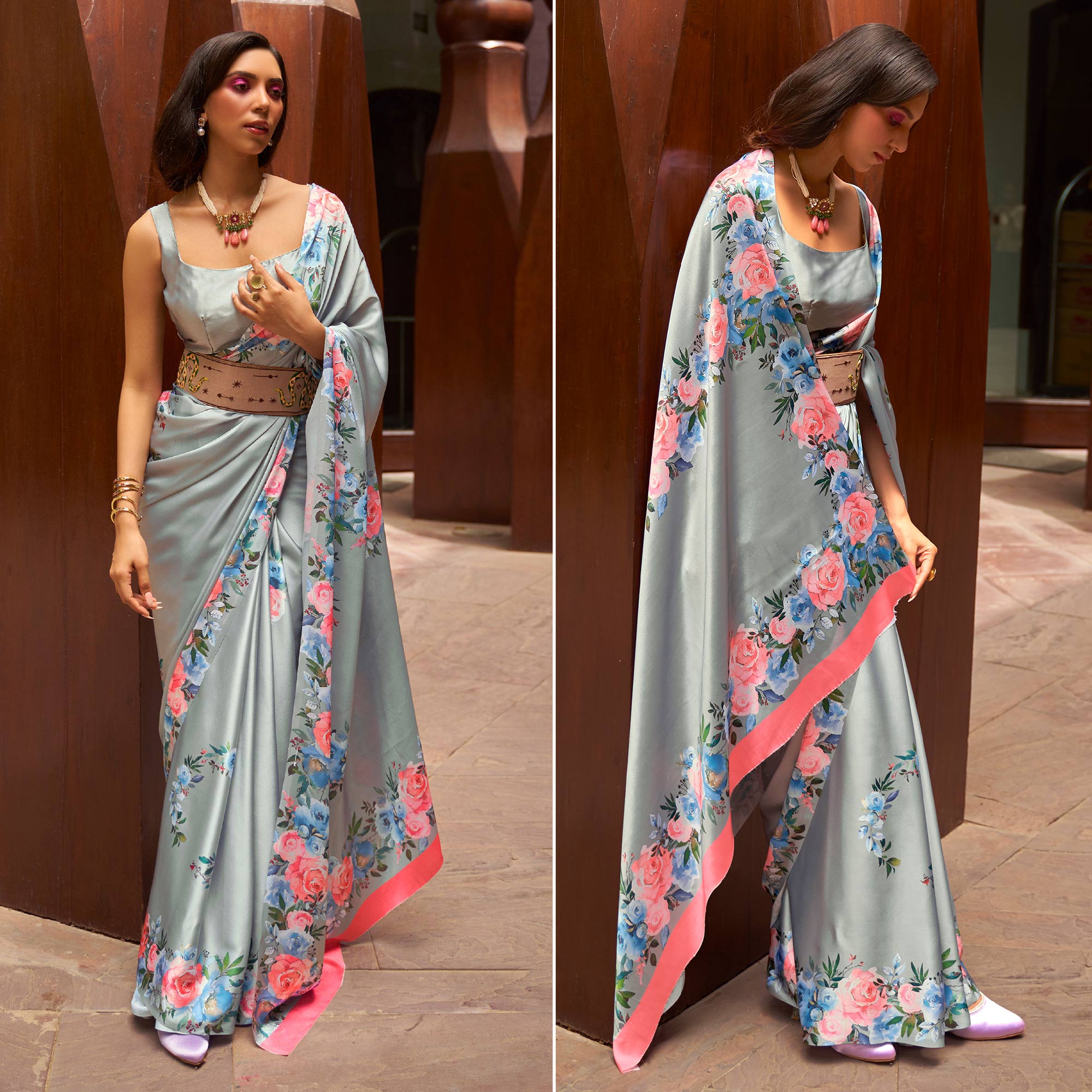 Grey sarees – BlackTree grey-floral-digital-printed-satin-saree