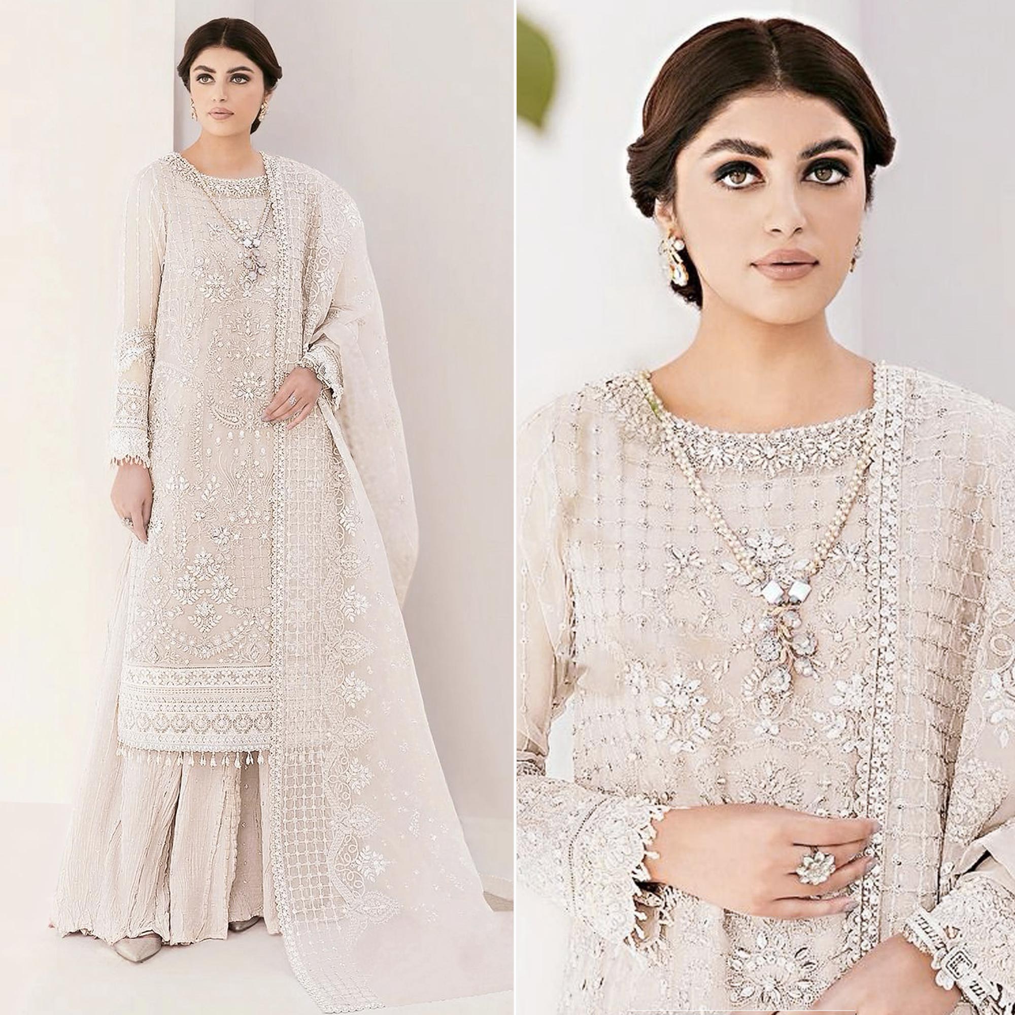 Peachmode Cream Sequins Embroidered Georgette Sharara Suit