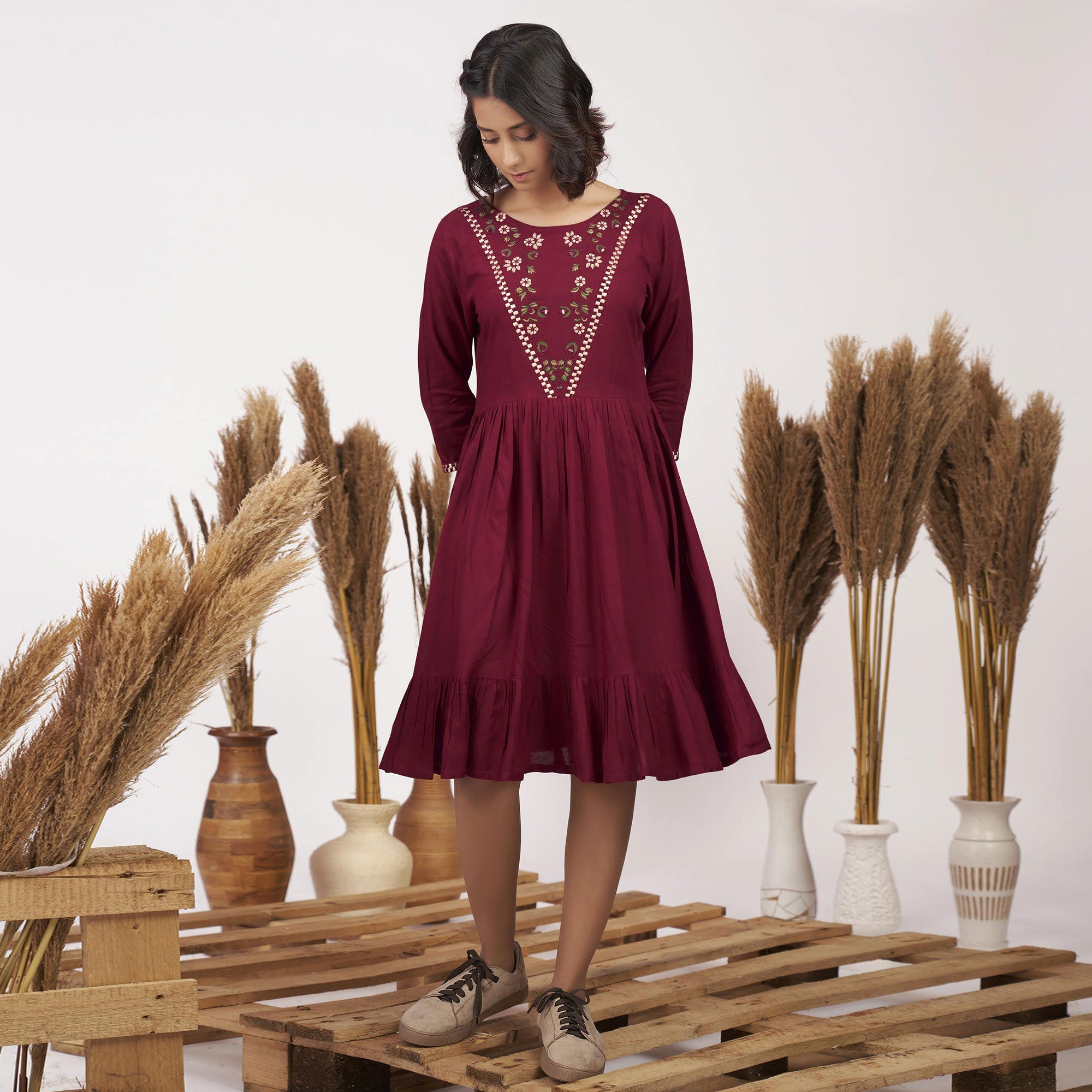Peachmode Maroon Floral Embroidered Rayon Short Dress - view 2