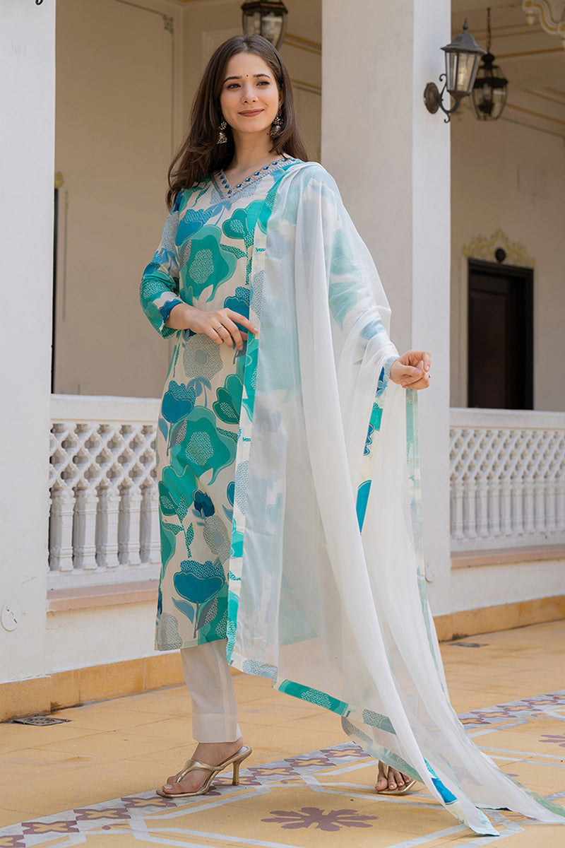 Ahika White Cotton Blend Floral Printed Straight Suit Set VKSKD2206 - view 5