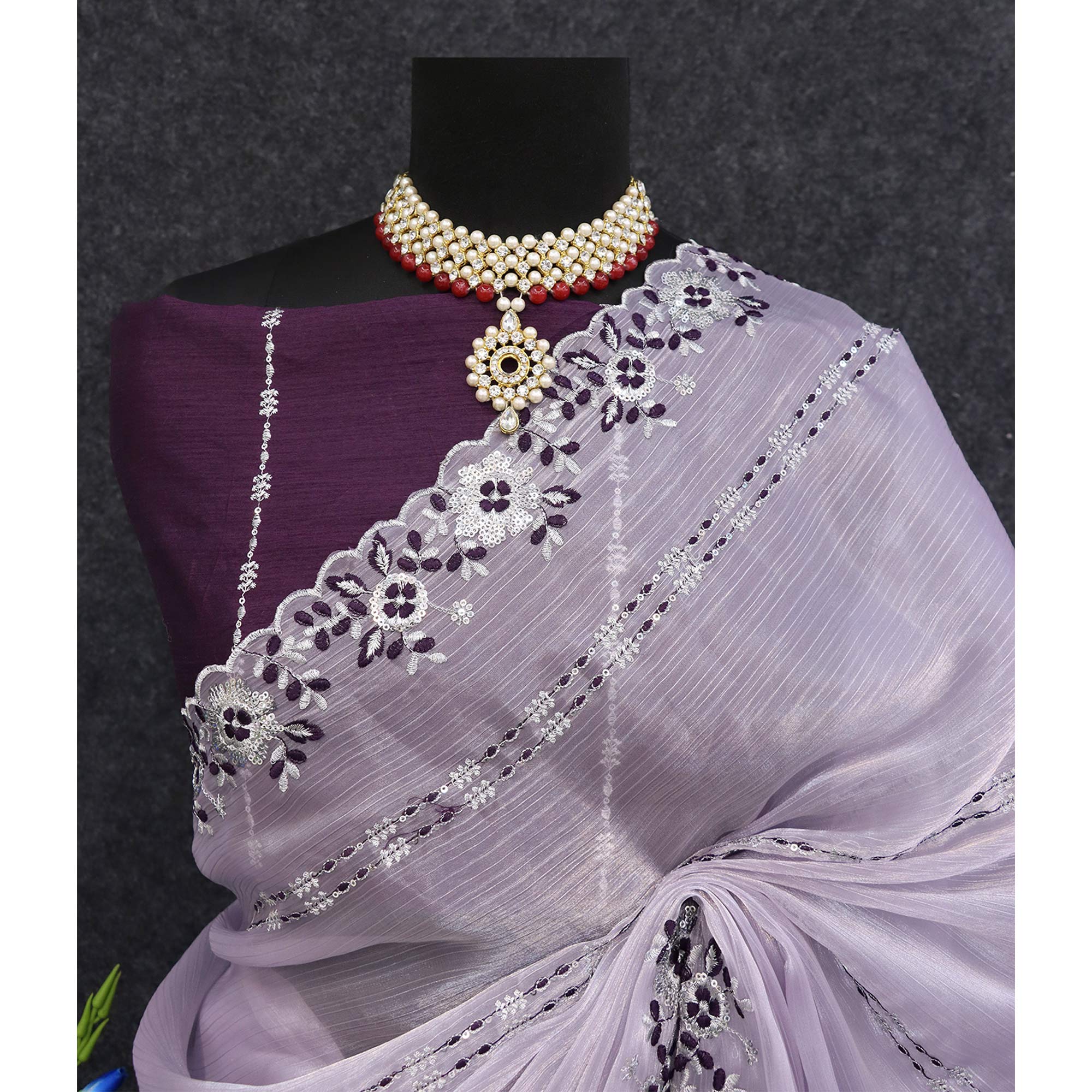 Peachmode Lavender Sequins Embroidered Chiffon Saree - view 5