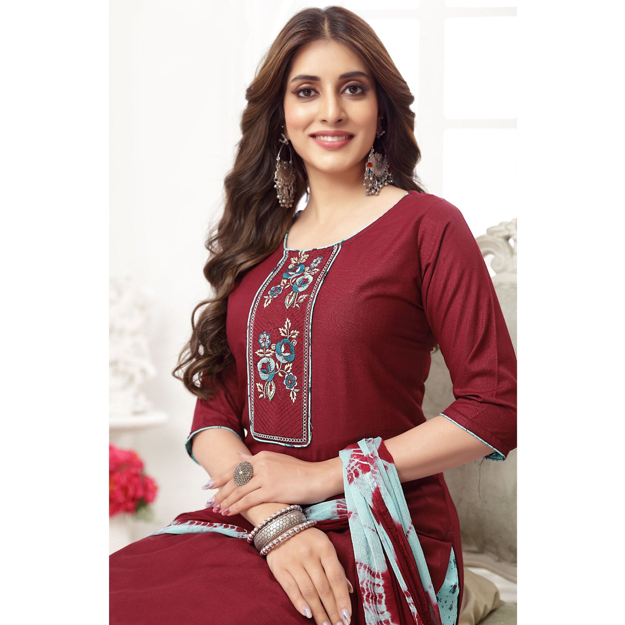 Peachmode Seller Maroon Embroidered Rayon Patiala Suit - view 4