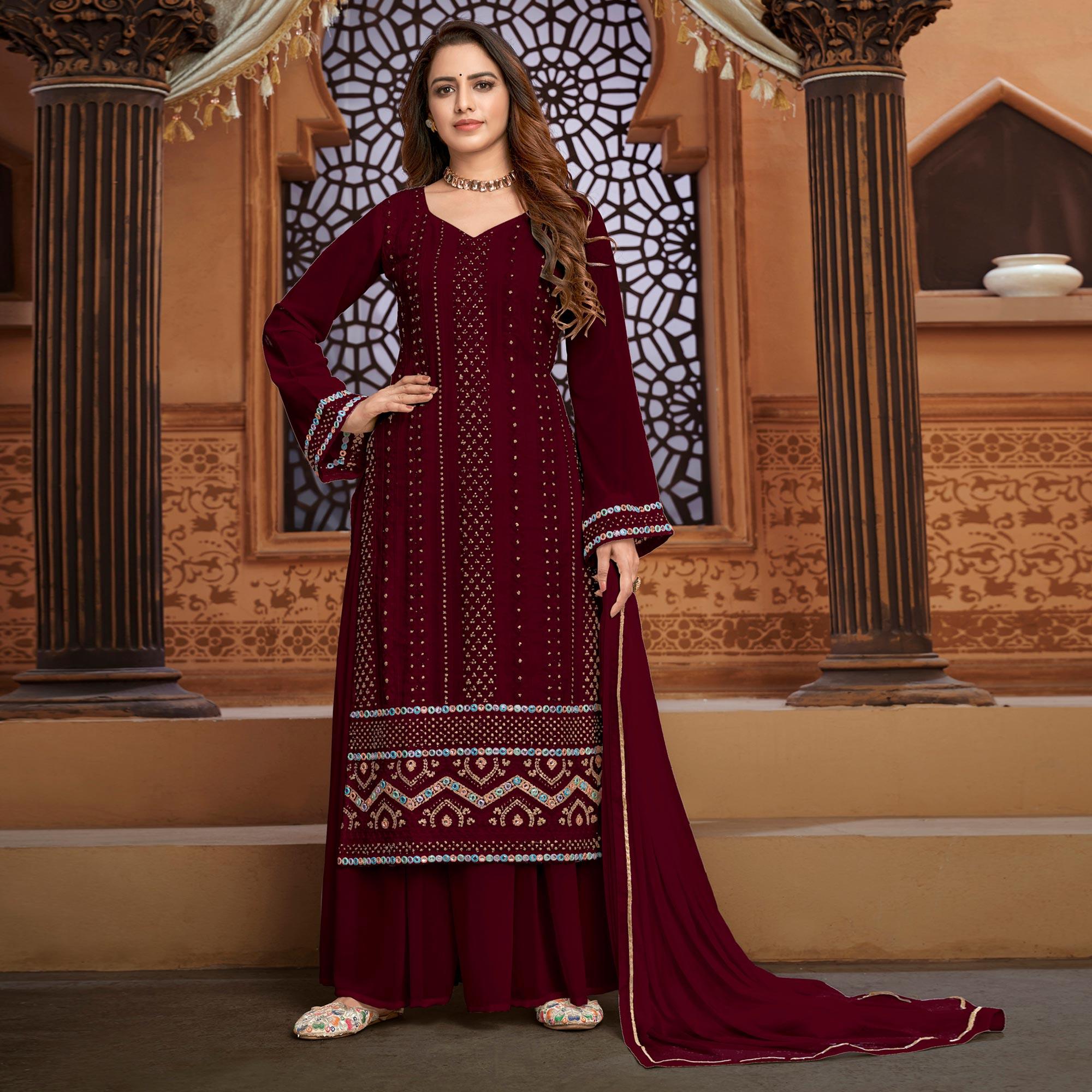Peachmode Dark Red Partywear Designer Embroidered Heavy Faux Georgette Palazzo Suit