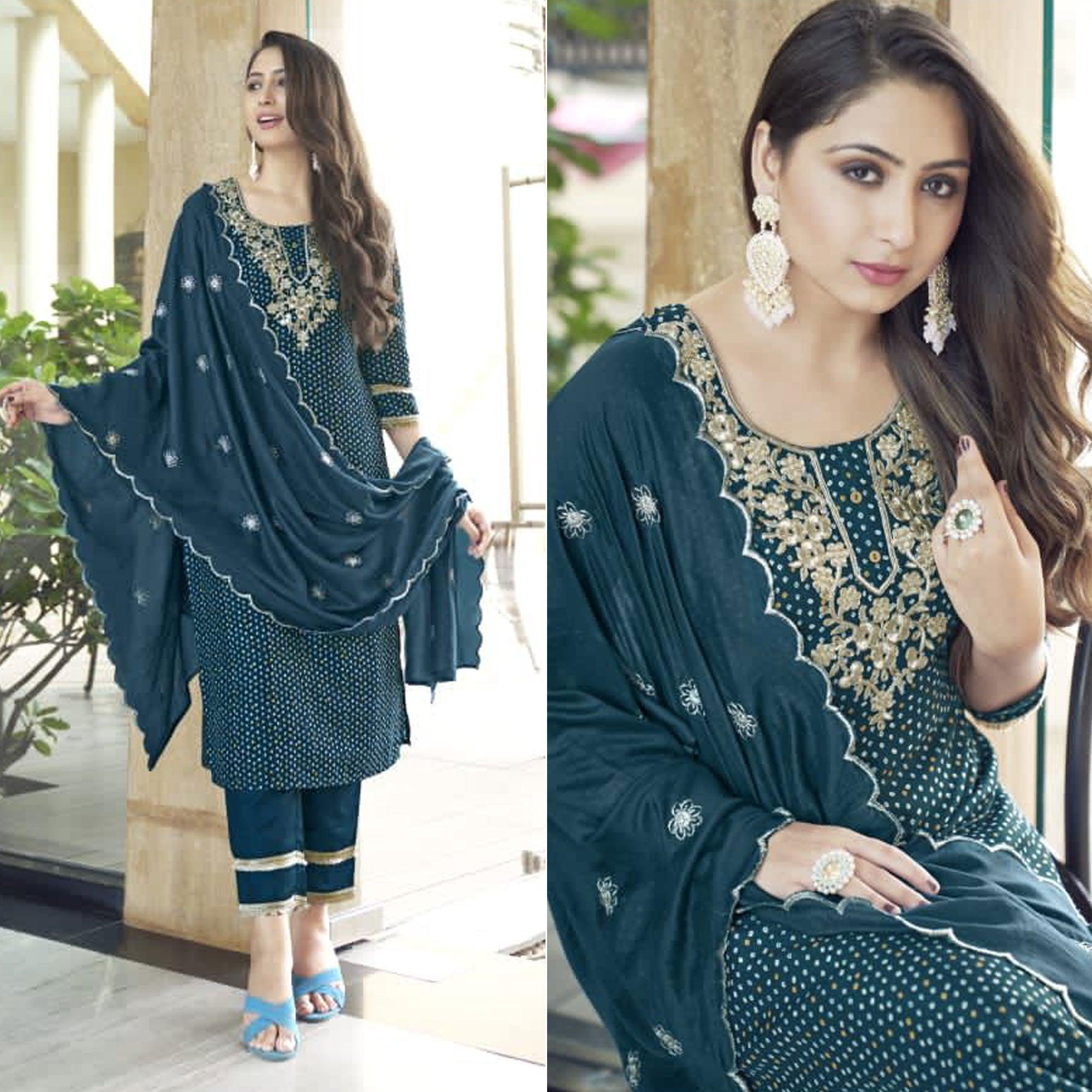 Peachmode Seller Dark Teal Blue Bandhani Printed With Gota Patti Muslin Salwar Suit