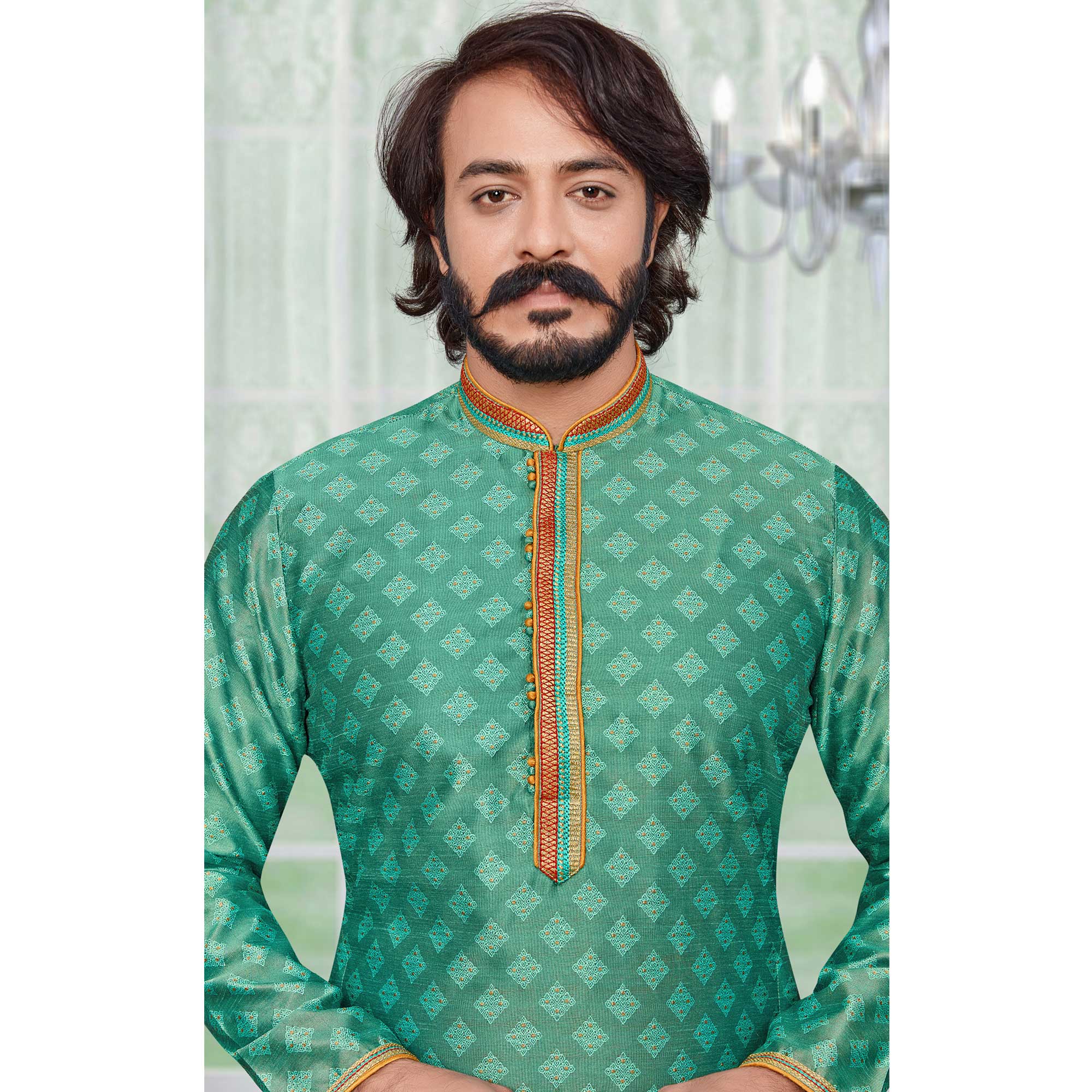 Peachmode Seller Light Green Woven Jacquard Kurta Pyjama Set - view 4
