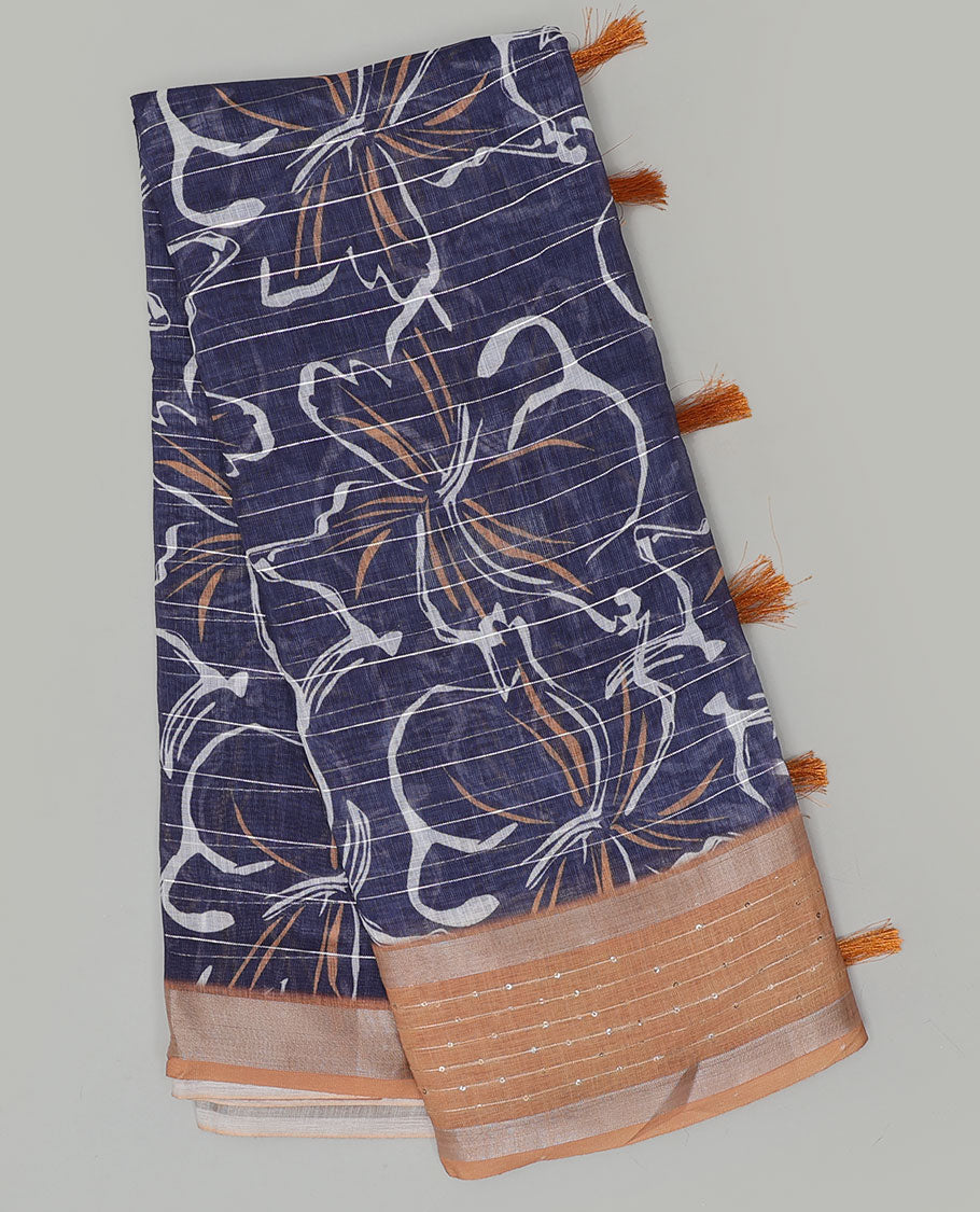 Pothys Blue striped & floral printed & sequins linen saree, contrast sequins striped border