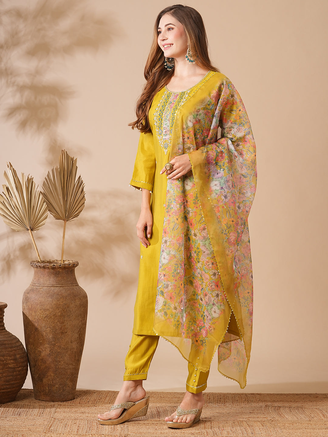 Fashor Solid Zardozi, Mirror & Stone Embroidered Kurta with Pants & Floral Dupatta - Lime Green
