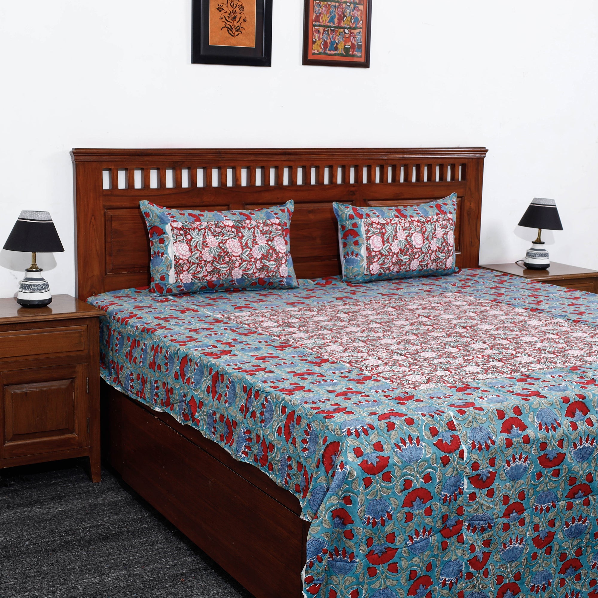 NOORI BAZAR Blue - Block Print Patchwork Cotton Sanganeri Bed Sheet