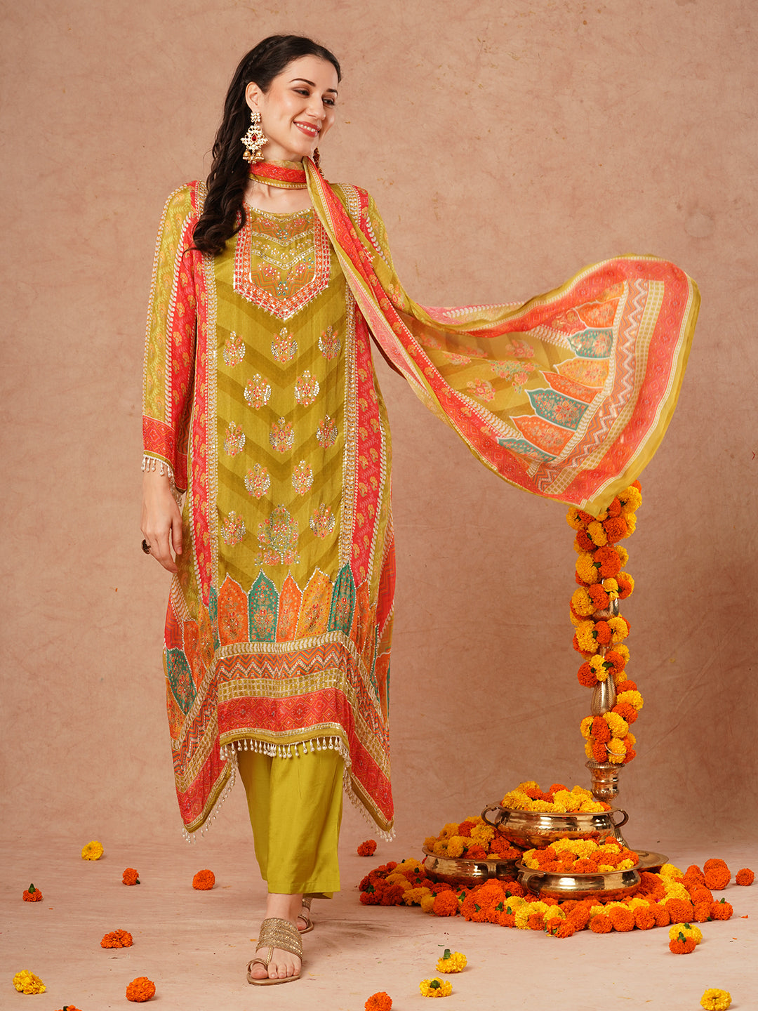 FASHOR Ethnic Floral Printed & Embroidered A-Line Kurta with Palazzo & Dupatta - Green