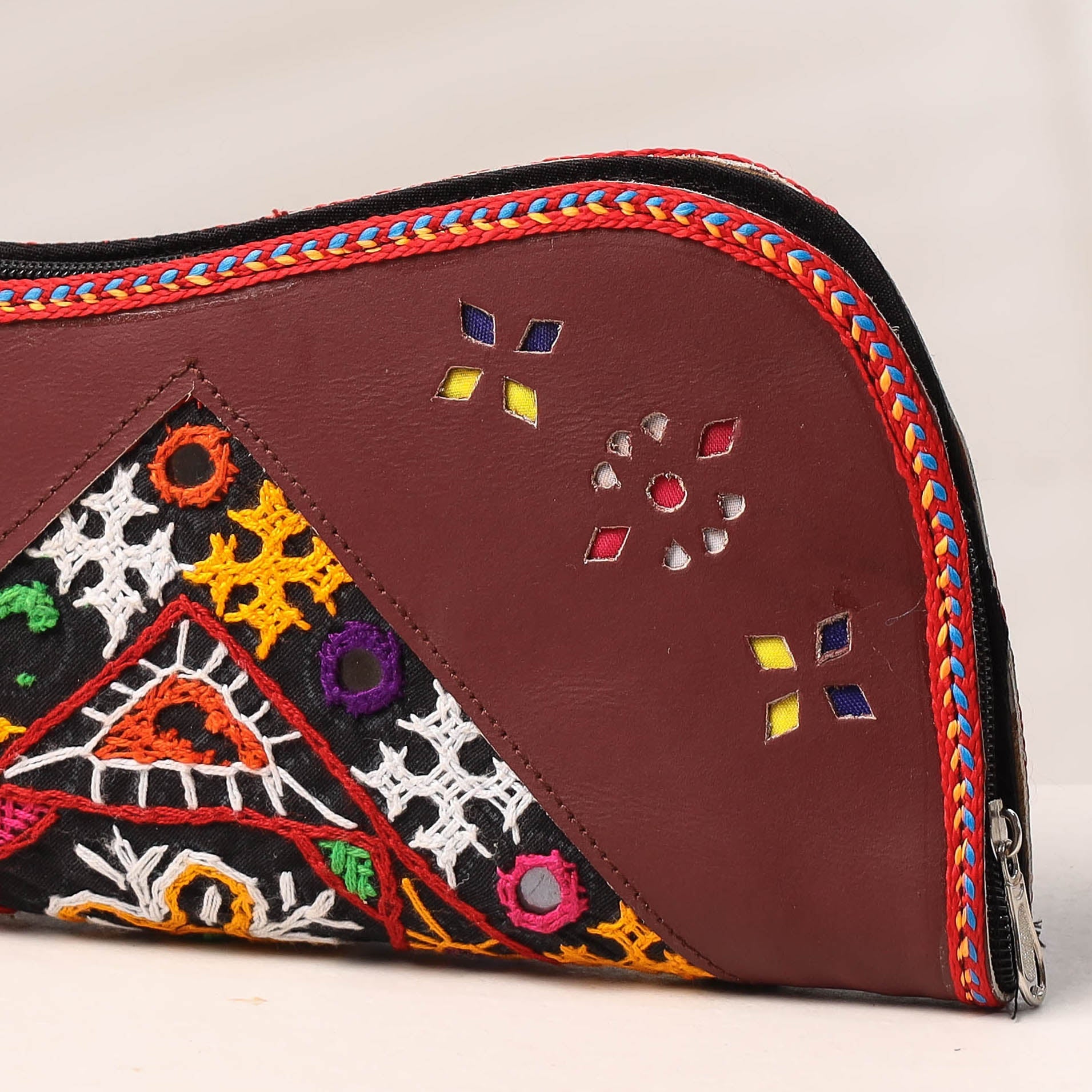 KACHCHH JI CHHAAP Brown - Handcrafted Kutch Embroidery Leather Clutch / Wallet - view 2