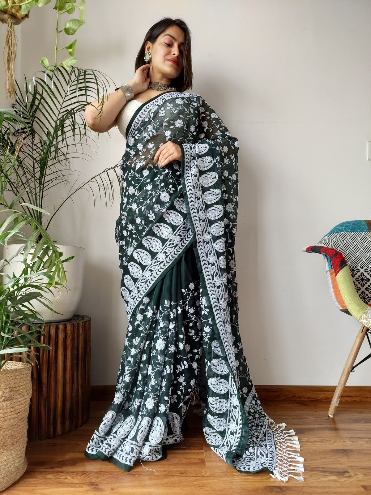 ClothsVilla Green Viscose Organza Saree with Exquisite Chickenkari Embroidery – Paired with Elegant White Silk Blouse and Latkan