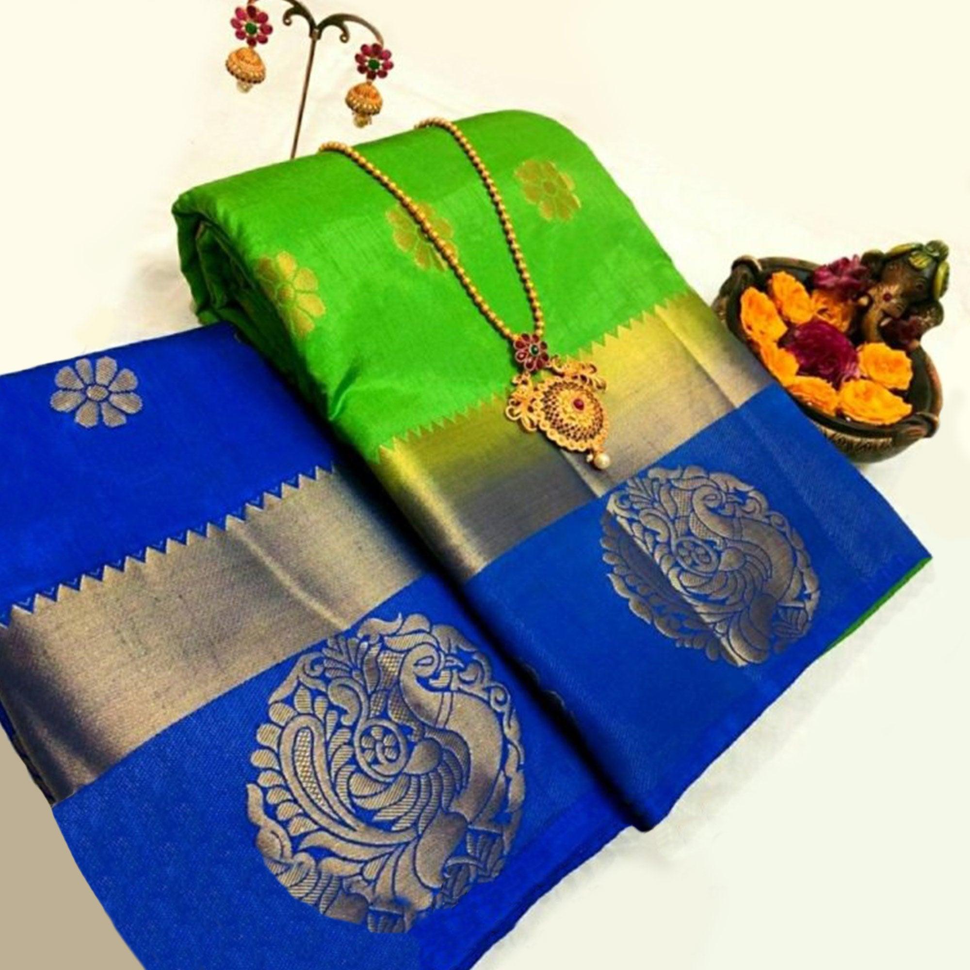 Peachmode Imposing Parrot Green Colored Festive Wear Woven Art Silk Saree
