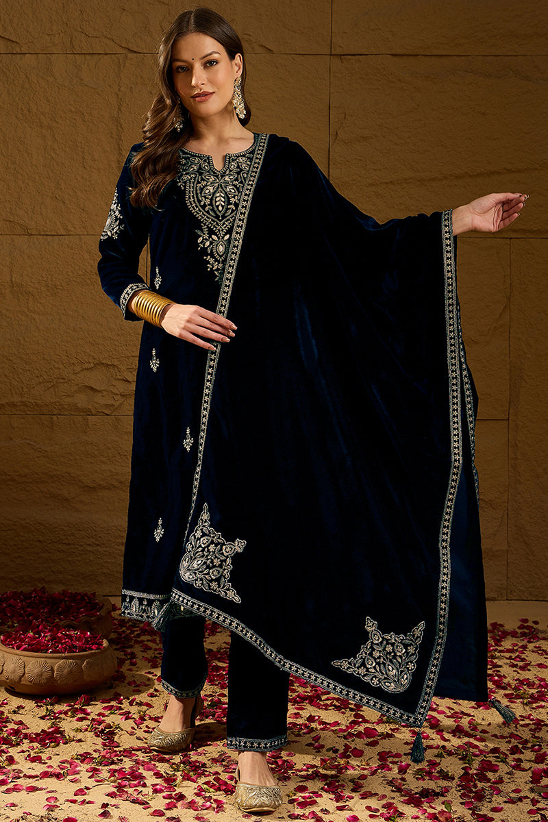 Ahika Navy Blue Velvet Solid Embroidered Straight Trousers Suit Set PKSKD2286 - view 2