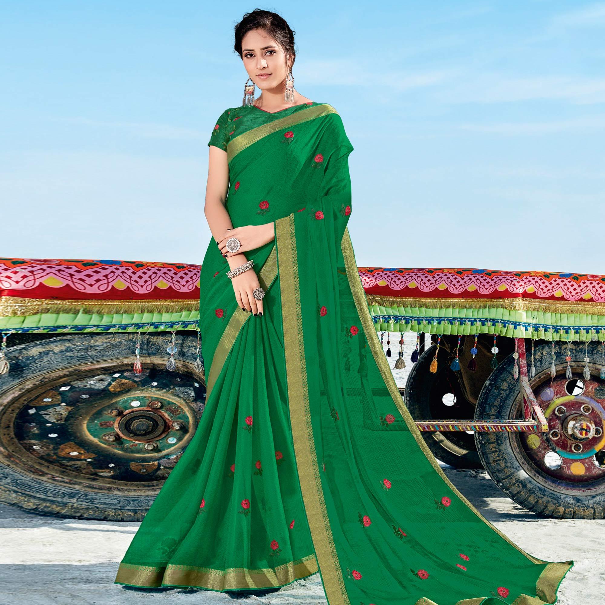 Peachmode Dark Rama Green Casual Wear Printed Chiffon Saree