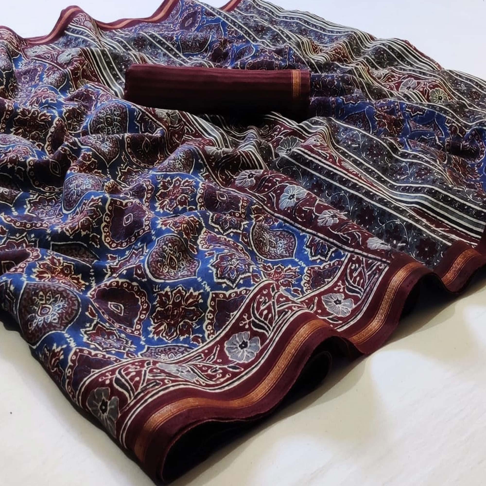 Peachmode Elegant Blue Colored Casual Wear Printed Cotton Saree