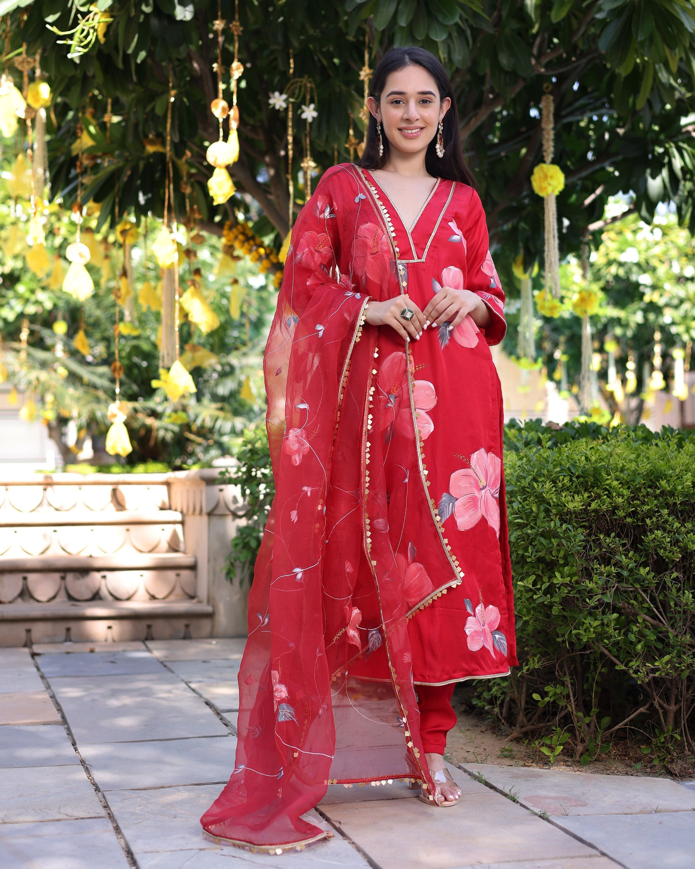 Aachho Raspberry Blush Red Handpainted Satin Suit Set - view 2