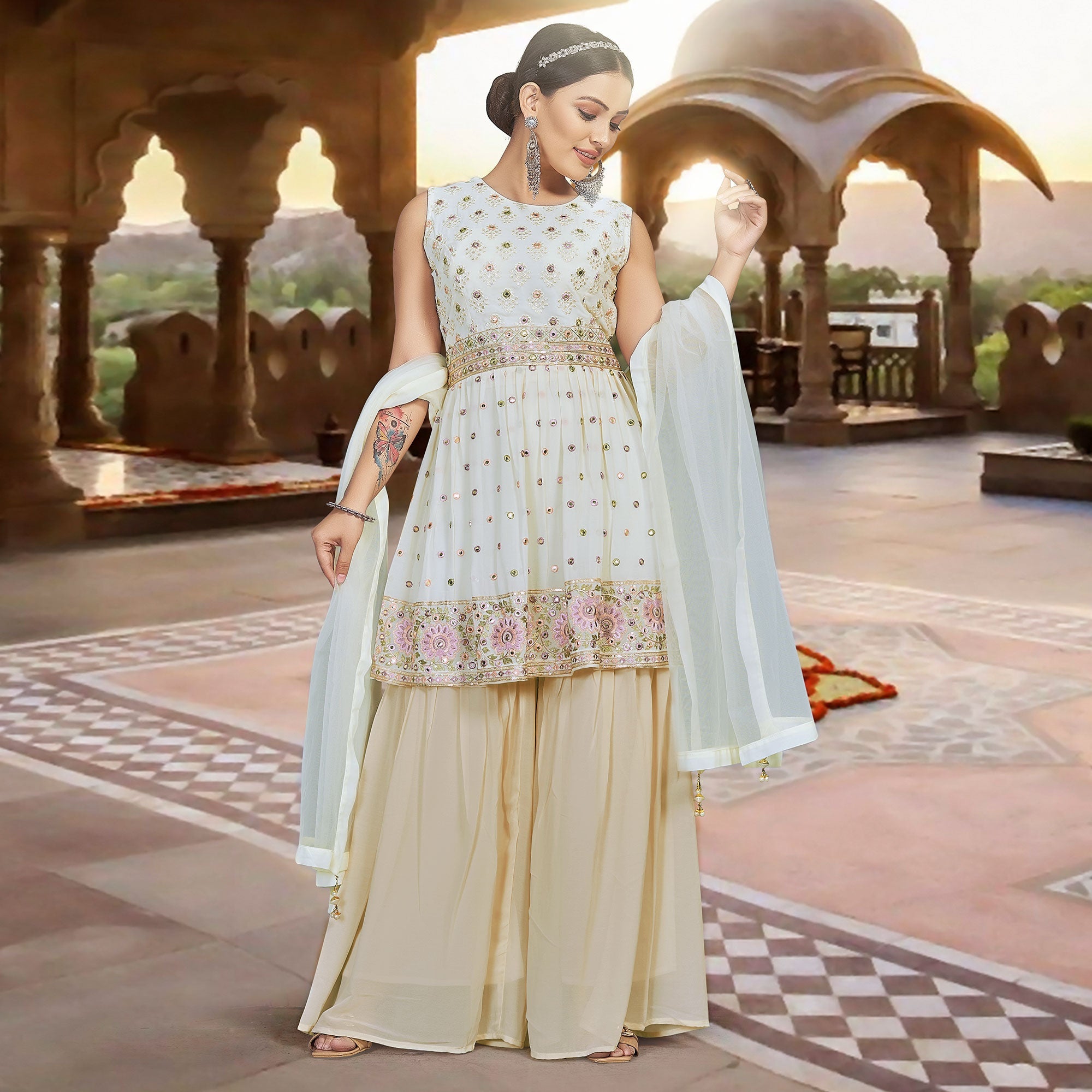 Peachmode Seller Cream Floral Embroidered Georgette Sharara Suit - view 2