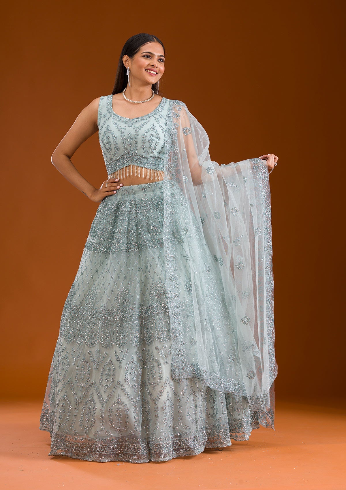 Koskii Sea Green Stonework Net Readymade Lehenga
