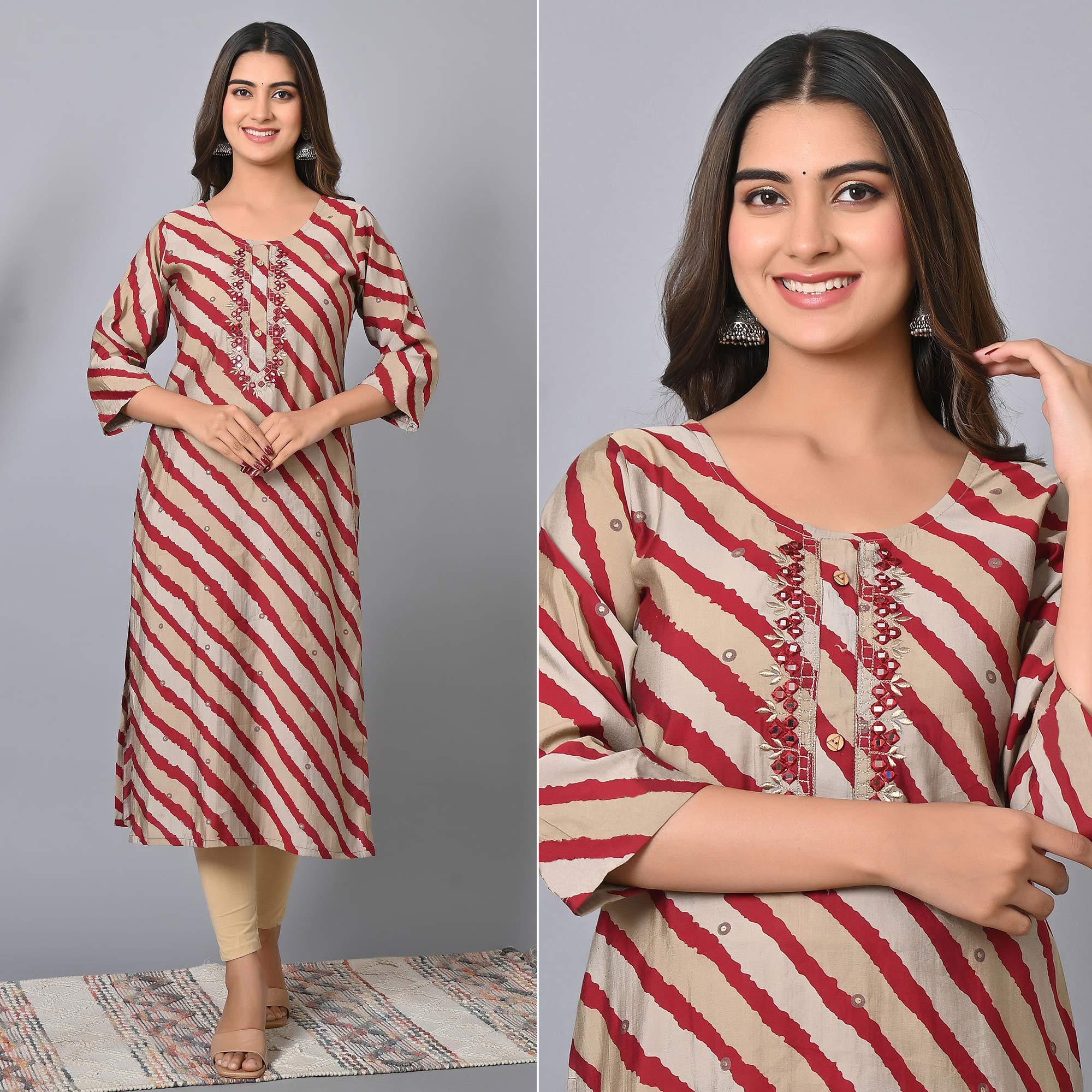Peachmode Maroon Striped Printed-Embroidered Muslin Kurti