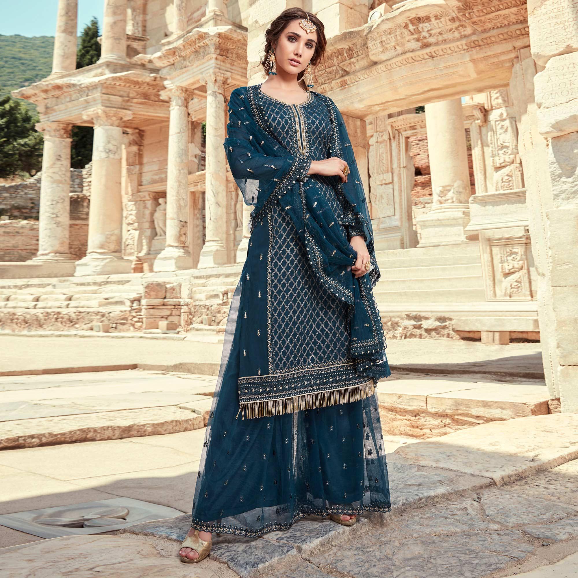 Peachmode Festive Wear Aqua Blue Designer with Embroidery Work Faux Georgette Palazzo Suit