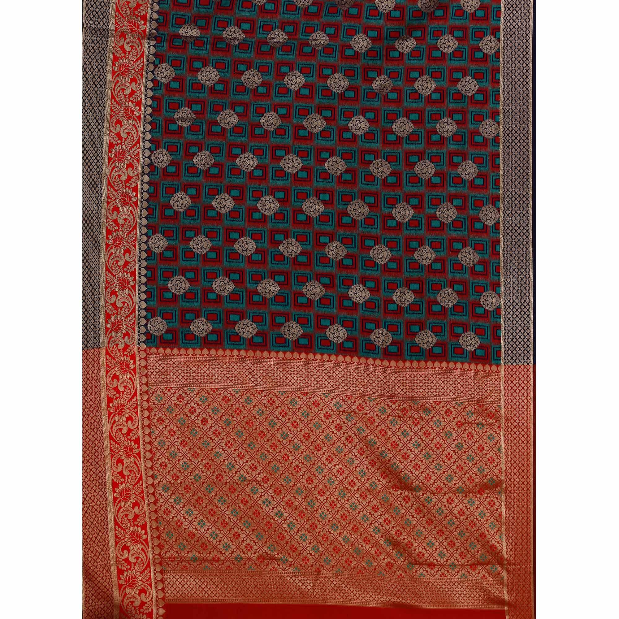 BlackTree glowing-navy-blue-red-colored-festive-wear-woven-cotton-silk-jacquard-saree-45022 - view 2