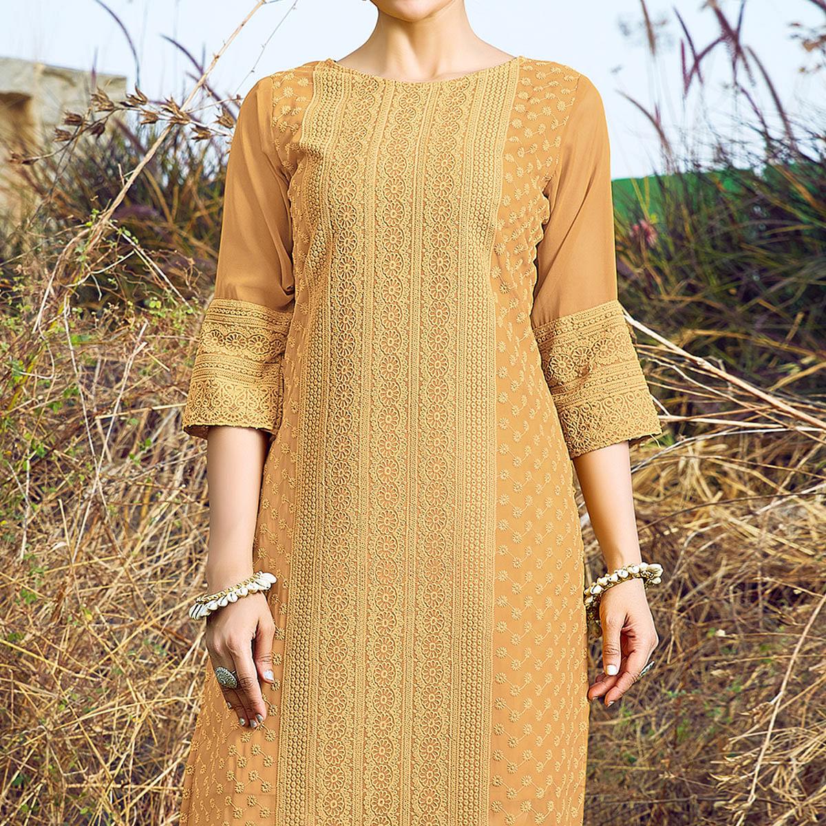 Peachmode Seller Cream Casual Wear Lucknowi Embroidered Georgette Kurti - view 2
