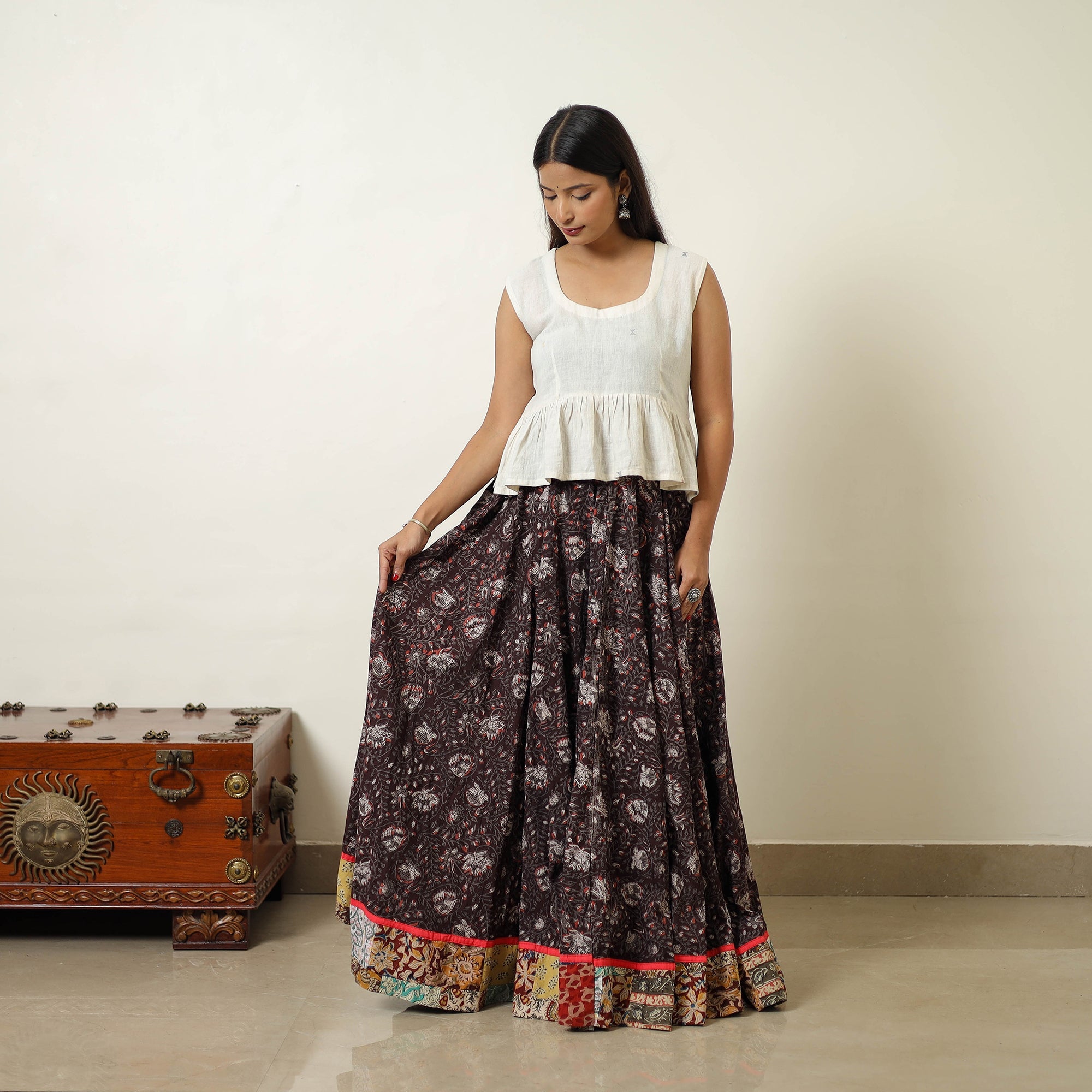 NOORI BAZAR Brown - Hand Block Printed Cotton Long Bagru Skirt 07