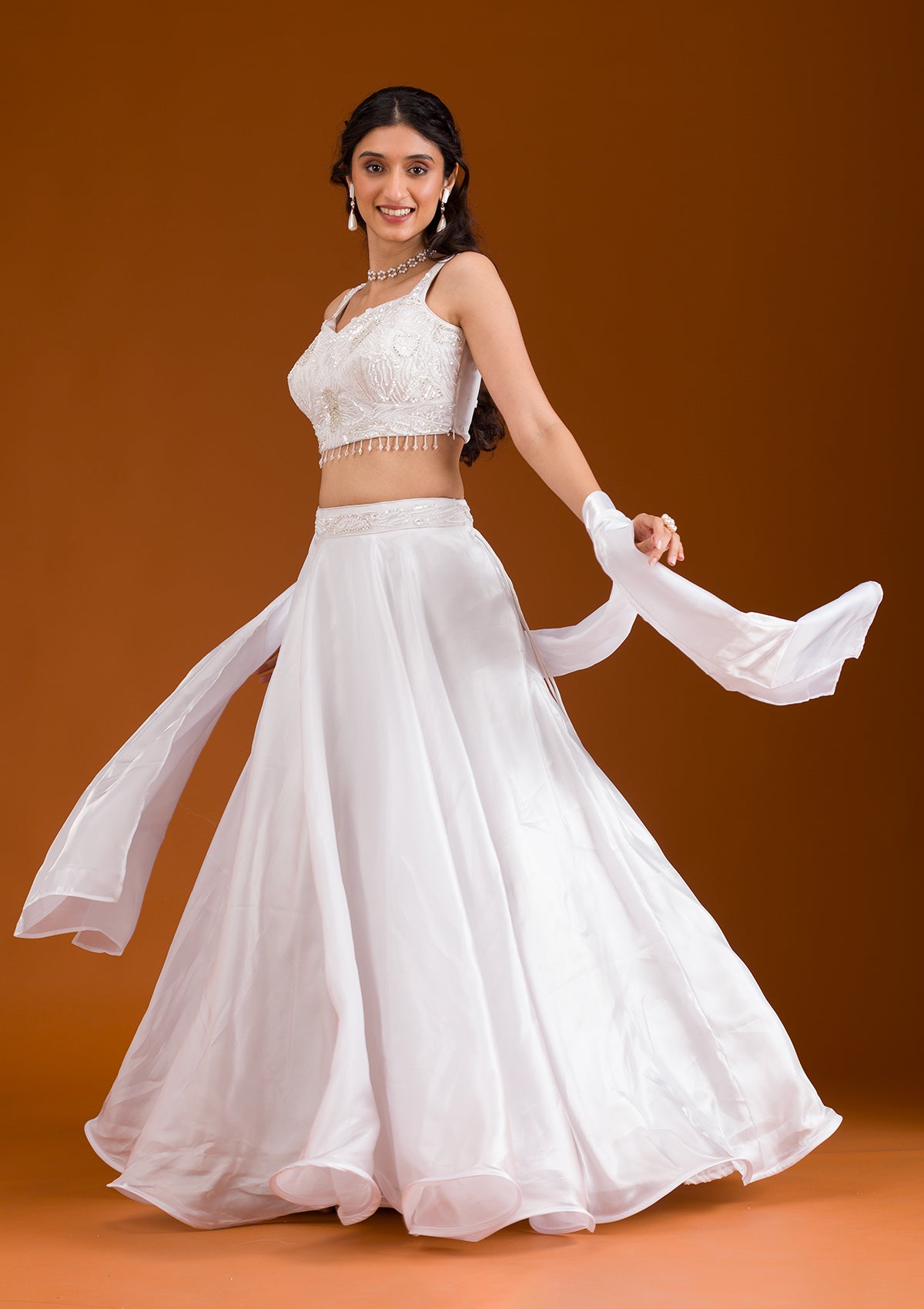 Koskii White Stonework Satin Readymade Lehenga