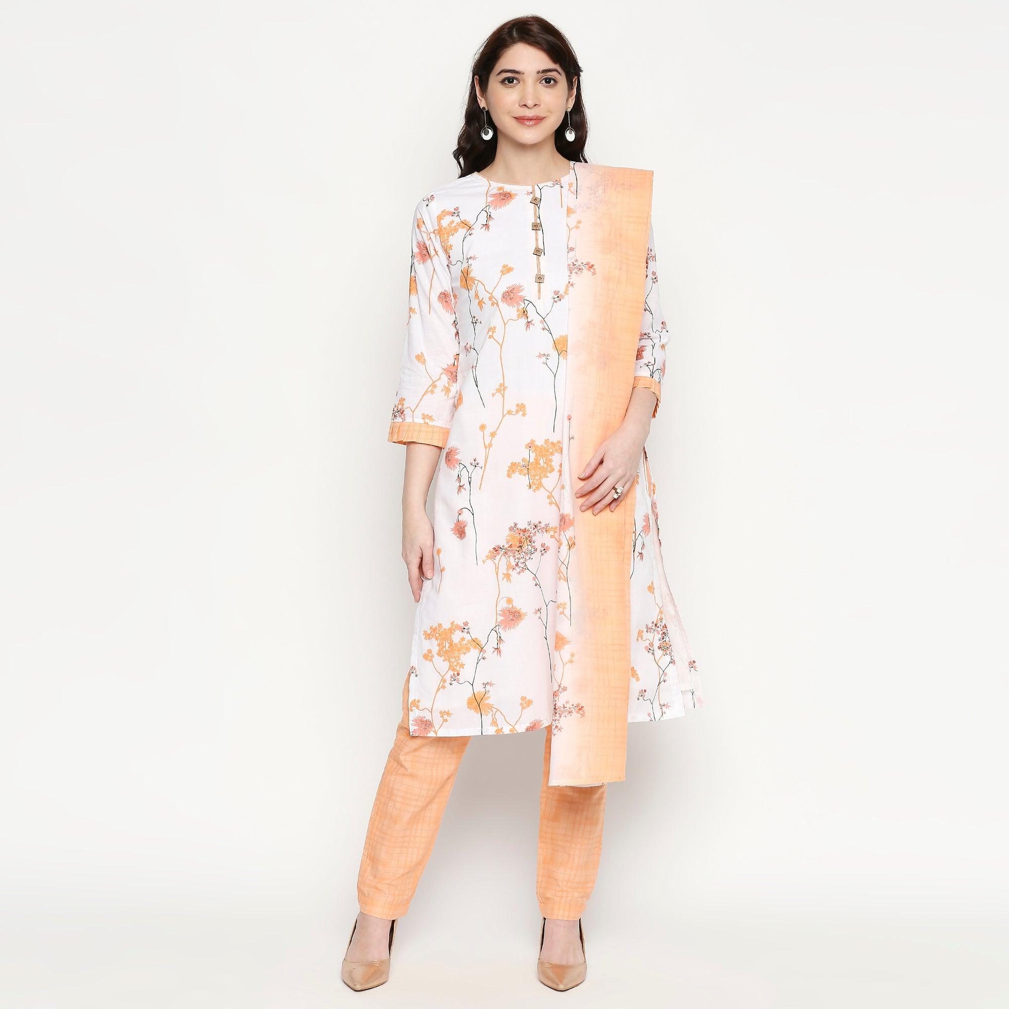 Peachmode Charming White-Orange Colored Casual Wear Floral Printed Cotton Kurti-Pant Set With Dupatta