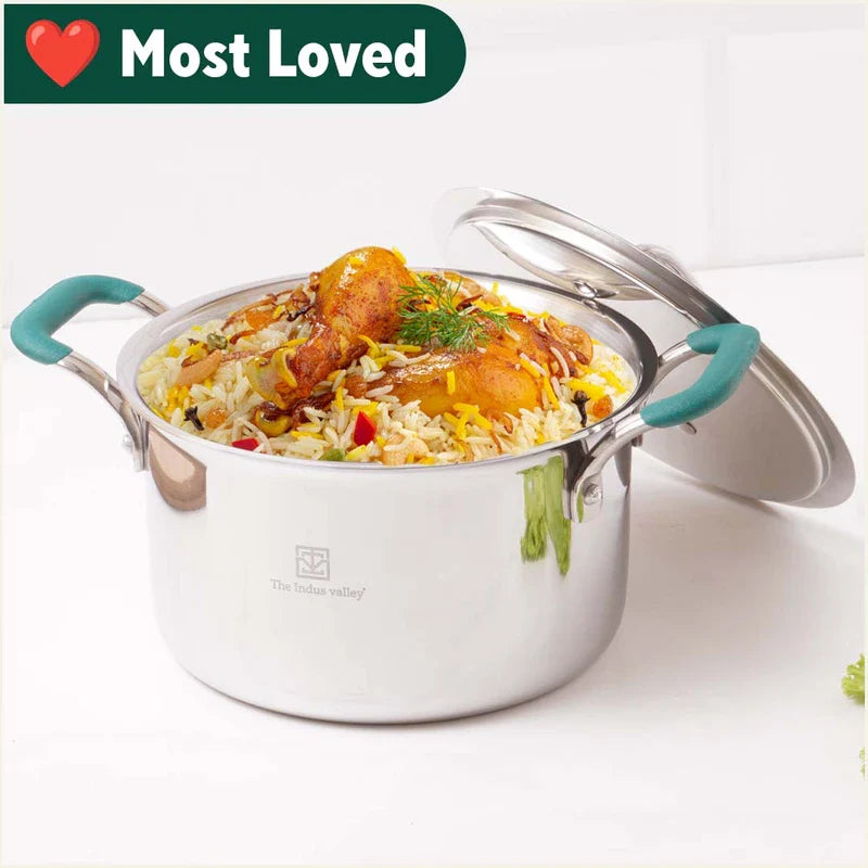 The Indus Valley TurboCuk Tri-ply Stainless Steel Casserole/Biryani Cooking Pot+ Steel Lid, Premium 3 Layer Body, Cool Silicone Handles, Induction, No