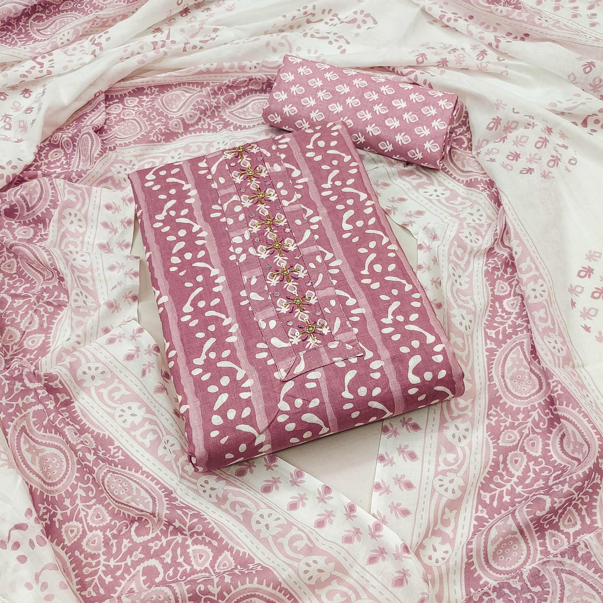 Peachmode Mauve Printed With Yoke Embroidered Pure Cotton Dress Material