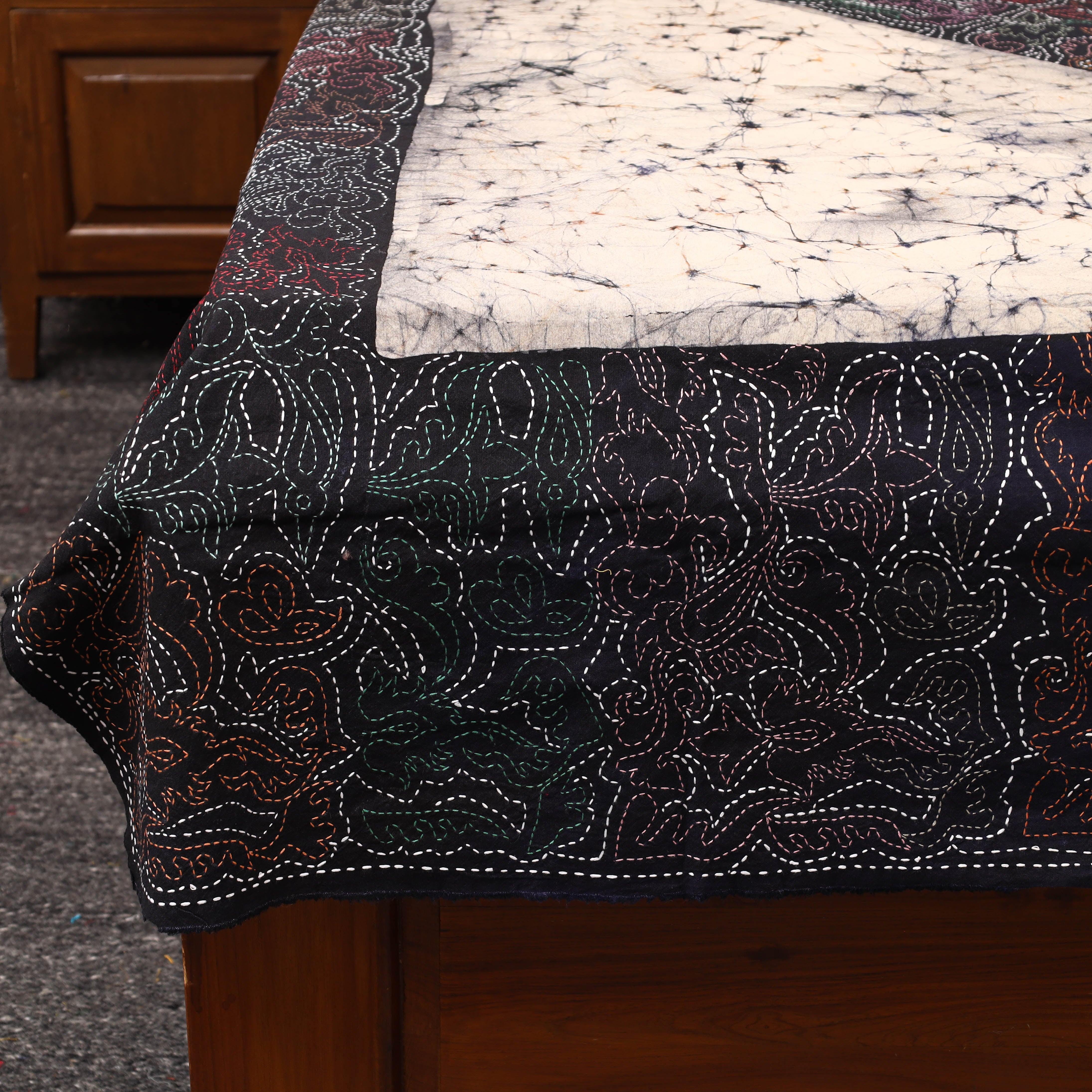 KHUSHBASH - HAPPY LOOM OF EAST Black - Hand Batik Printed Cotton Kantha Work Bedsheet 01 - view 2