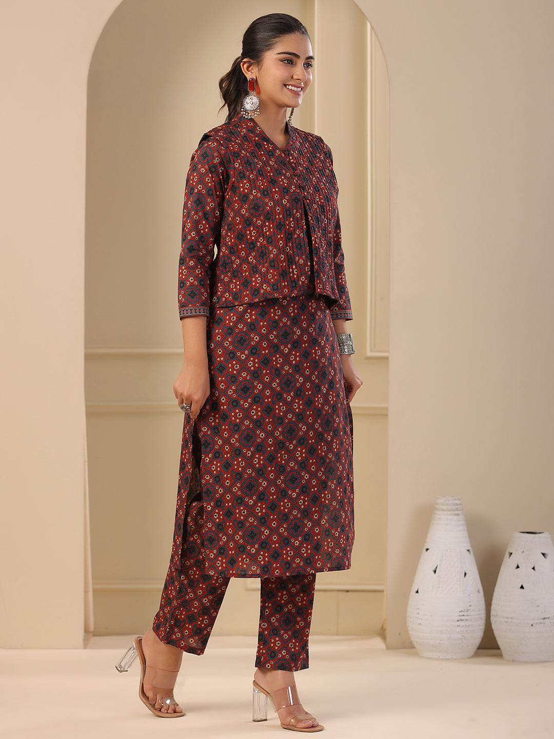 Fashor Ajrakh Block Printed Sequins Embroidered Kurta with Quilted Reversible Waist Coat & Pants - Maroon - view 4
