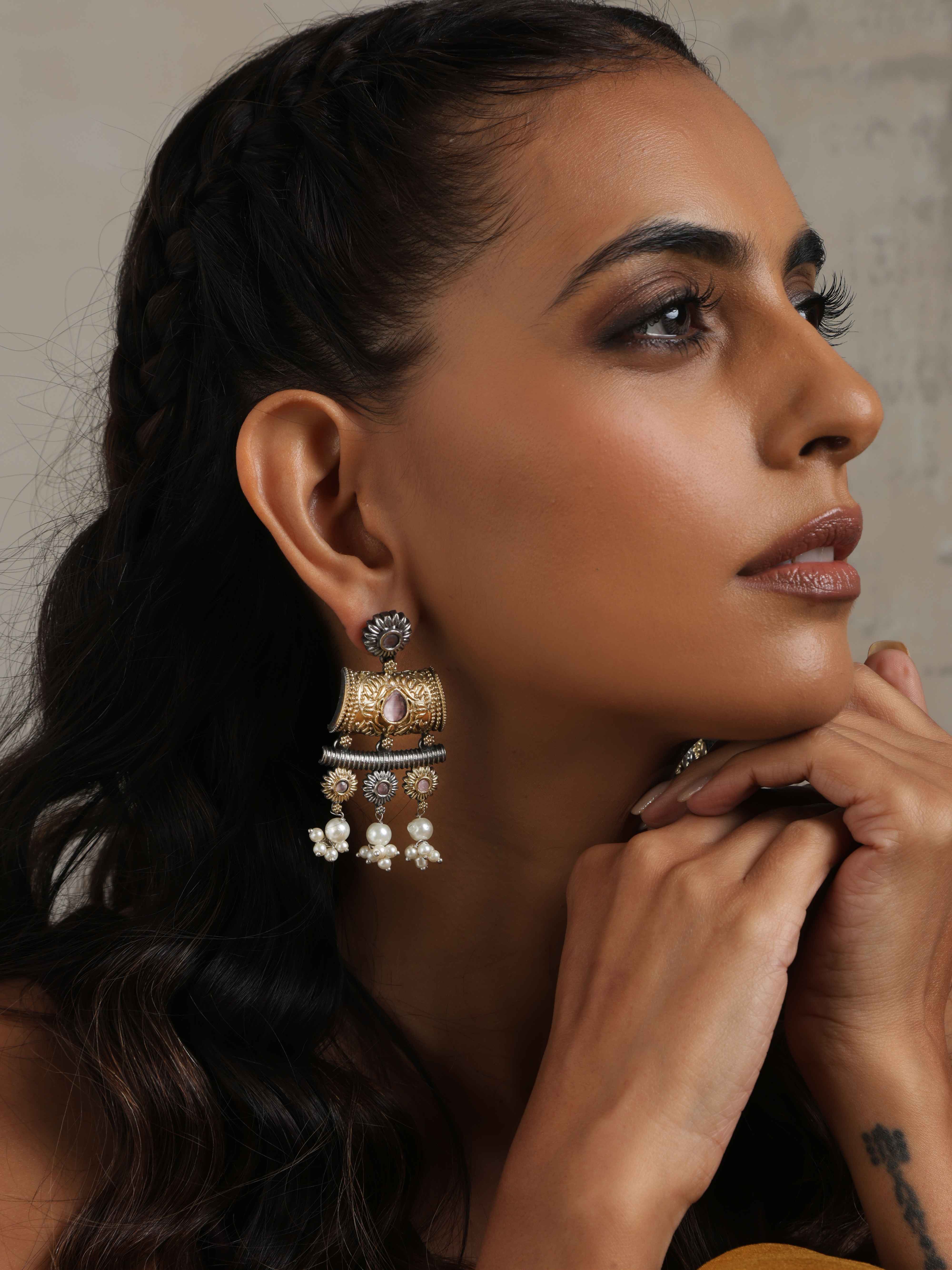 trueBrowns Silver Gold Tone Dangle Earrings - view 2