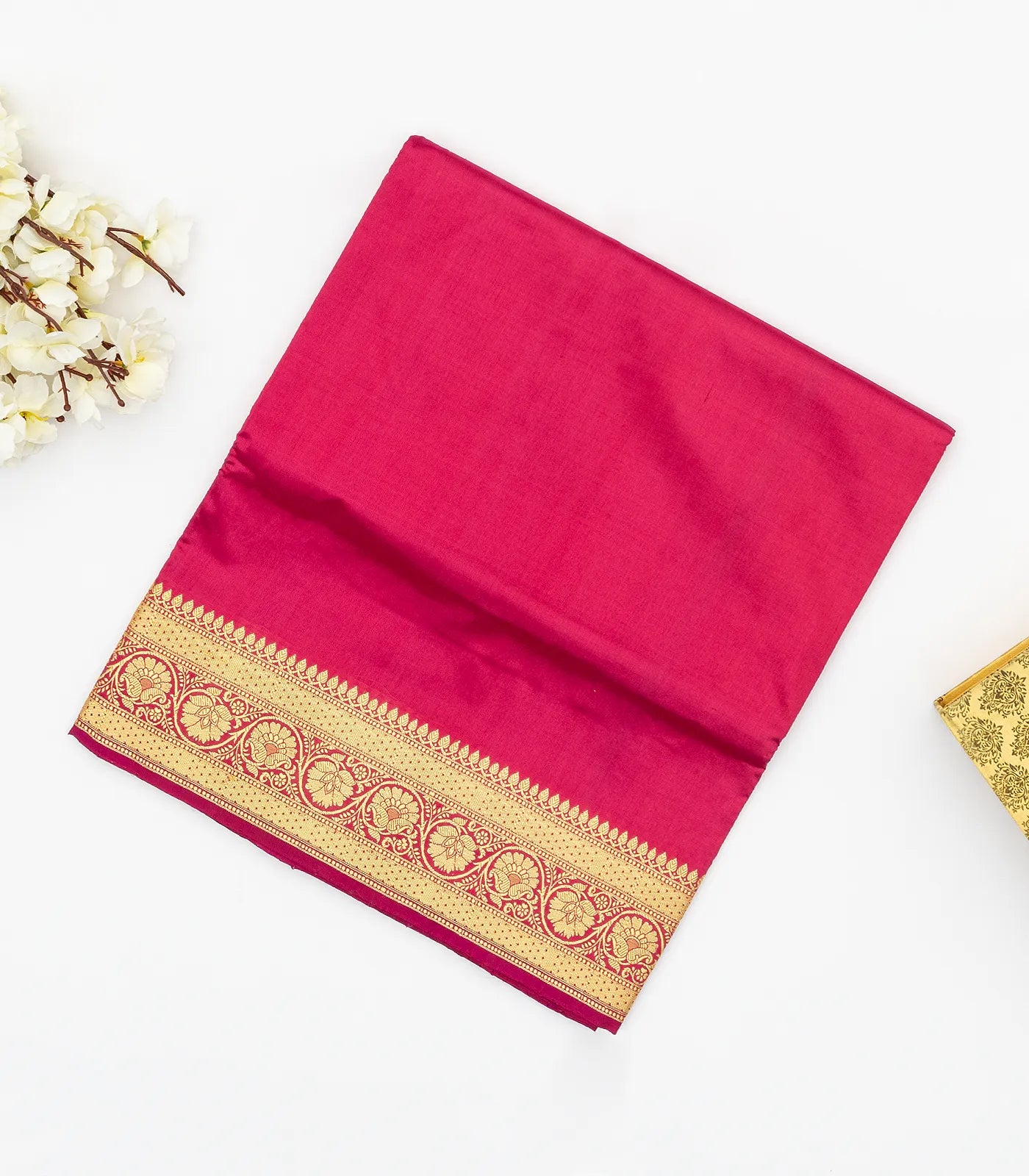 RmKV Pink woven Plain Banarasi Silk Saree With Floral Motifs In Border