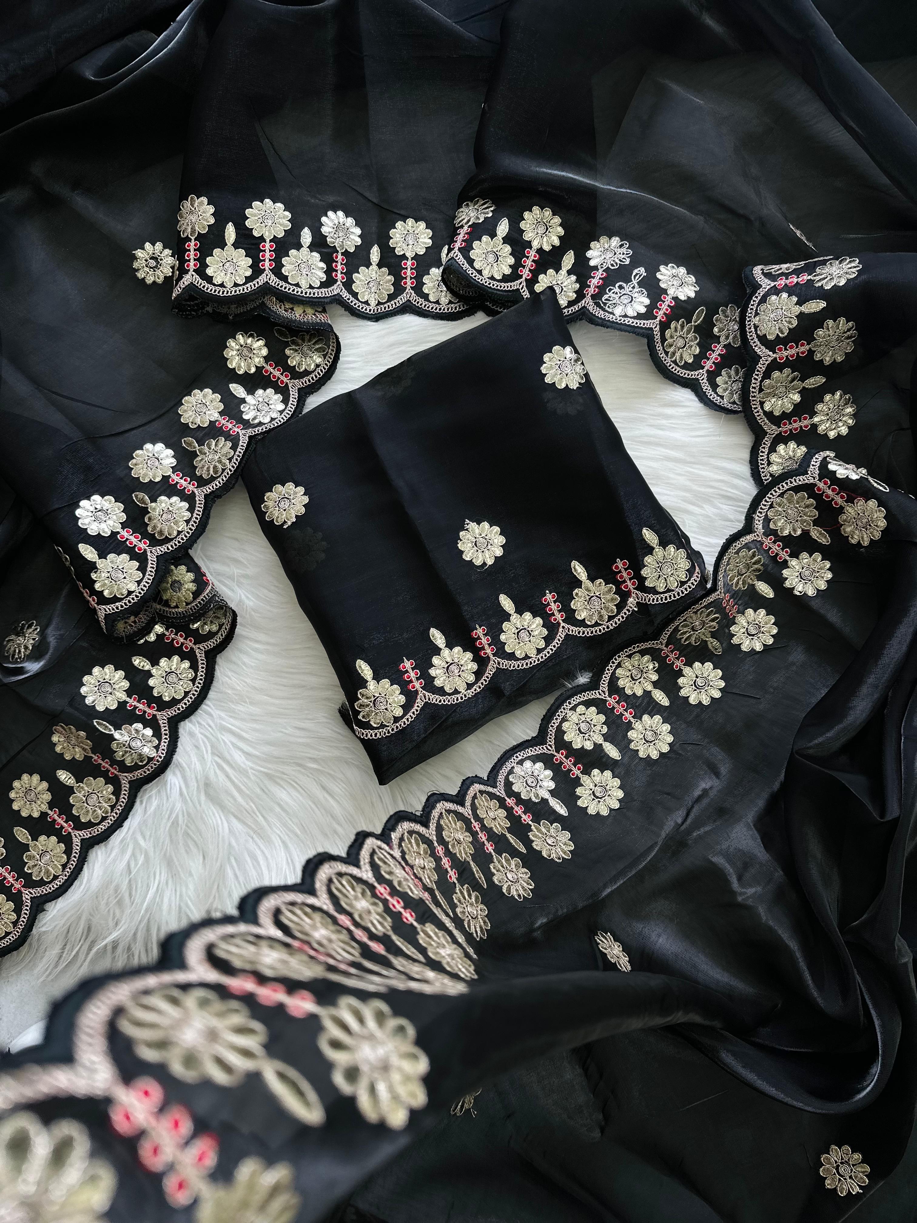 ClothsVilla Black Jimmy Choo Saree with Beautiful Jaipuri Gota Work – Complete with Matching Running Blouse - view 3