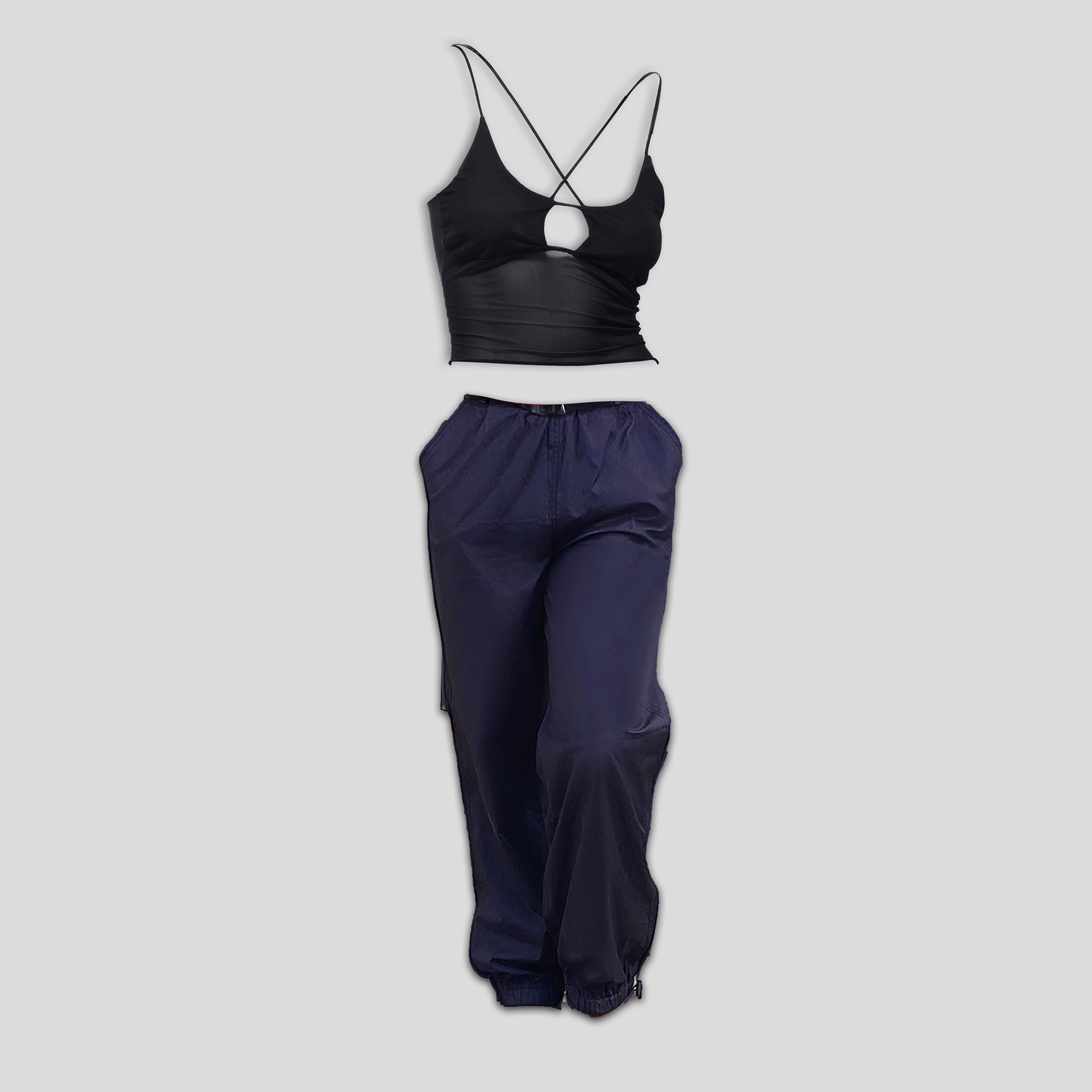 Mesh top gunmetal – I Z F Black Mesh Top & Gunmetal Parachute Pants
