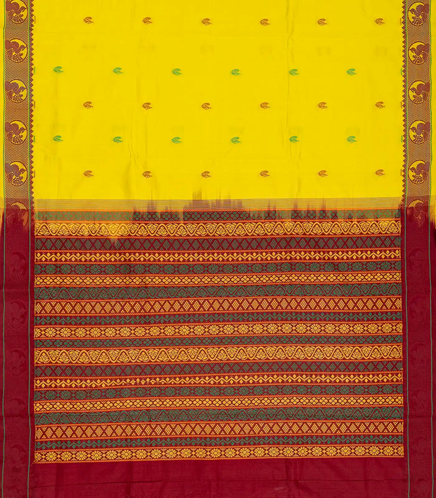 RmKV Lemon Yellow Handloom Poly Cotton Saree With Annam Buttas & Crimson Pallu - view 2