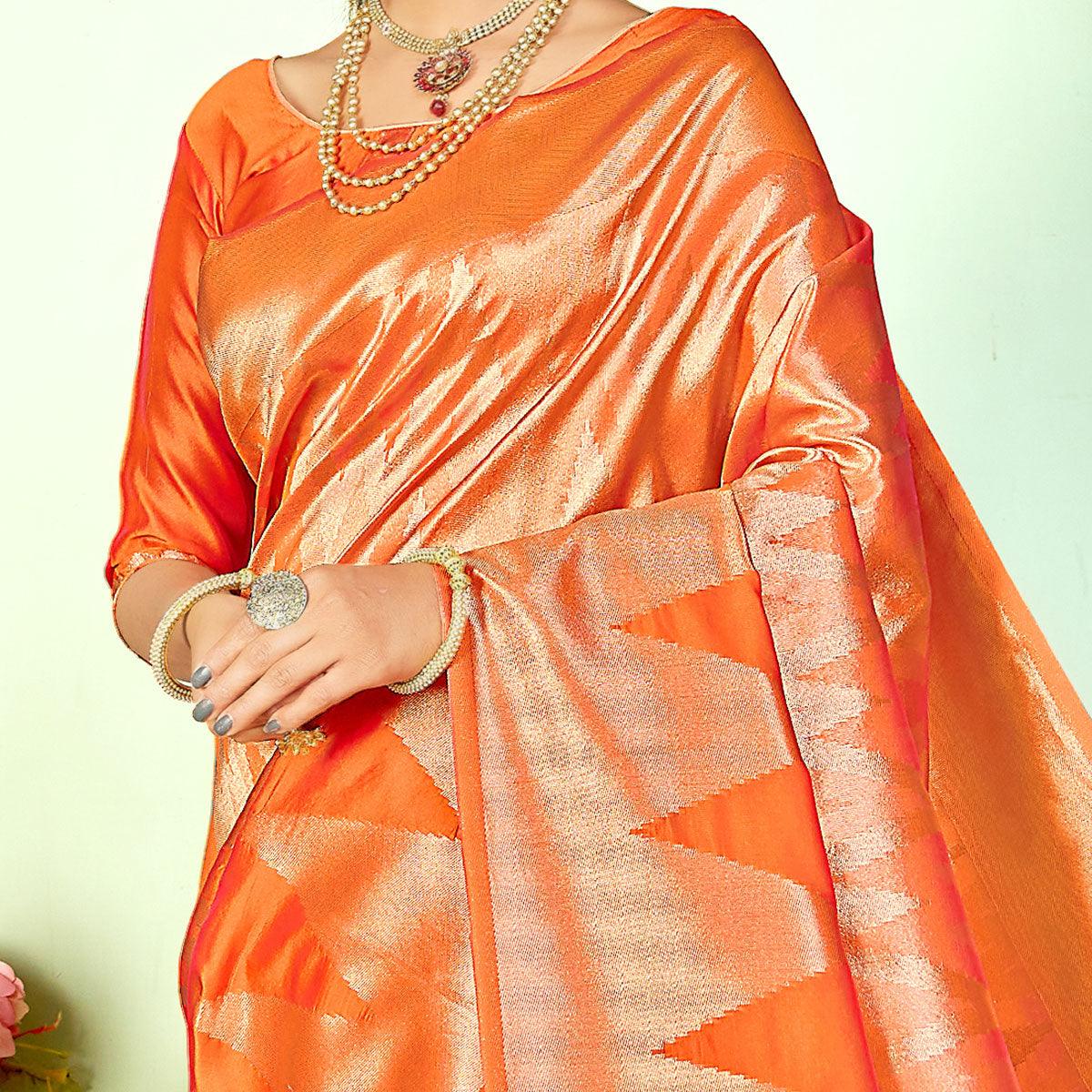 Peachmode Breathtaking Orange Colored Festive Wear Woven Silk Saree - view 3