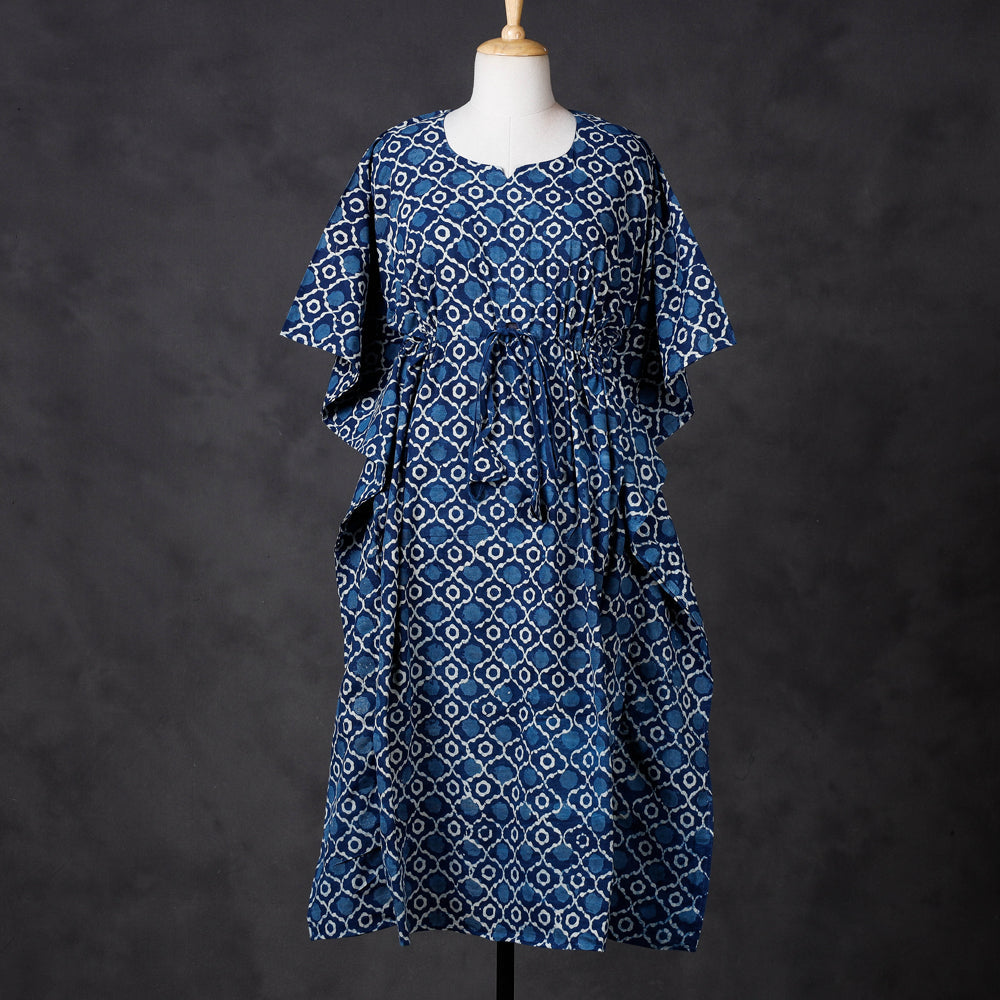 KACHCHH JI CHHAAP Blue - Hand Block Printed Cotton Kaftan with Tie-Up Waist (Long)