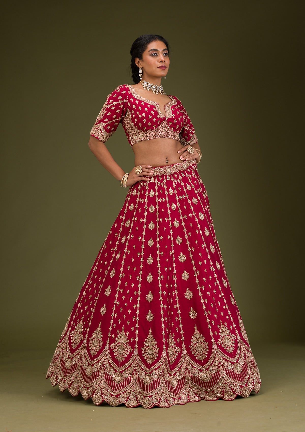 Koskii Rani Pink Zardosi Raw Silk Readymade Lehenga - view 5
