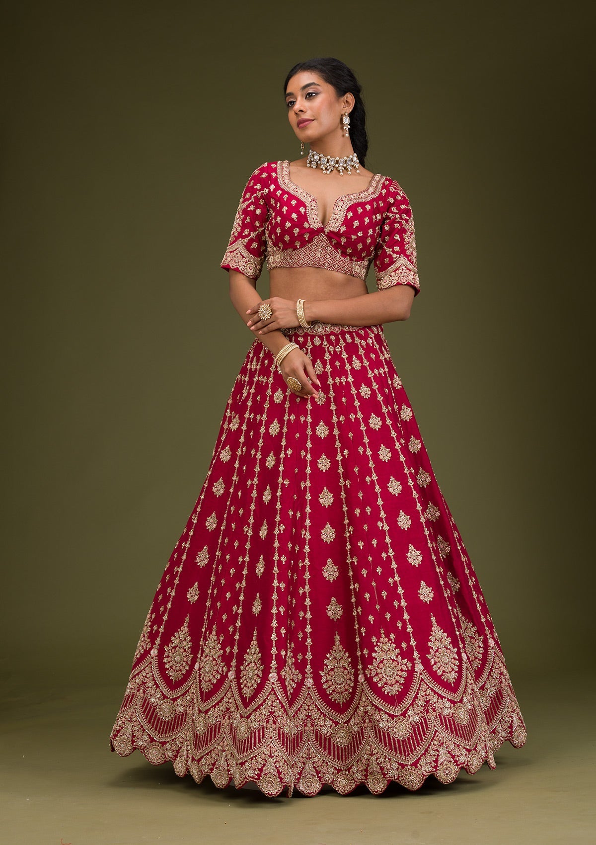 Koskii Rani Pink Zardosi Raw Silk Readymade Lehenga - view 4