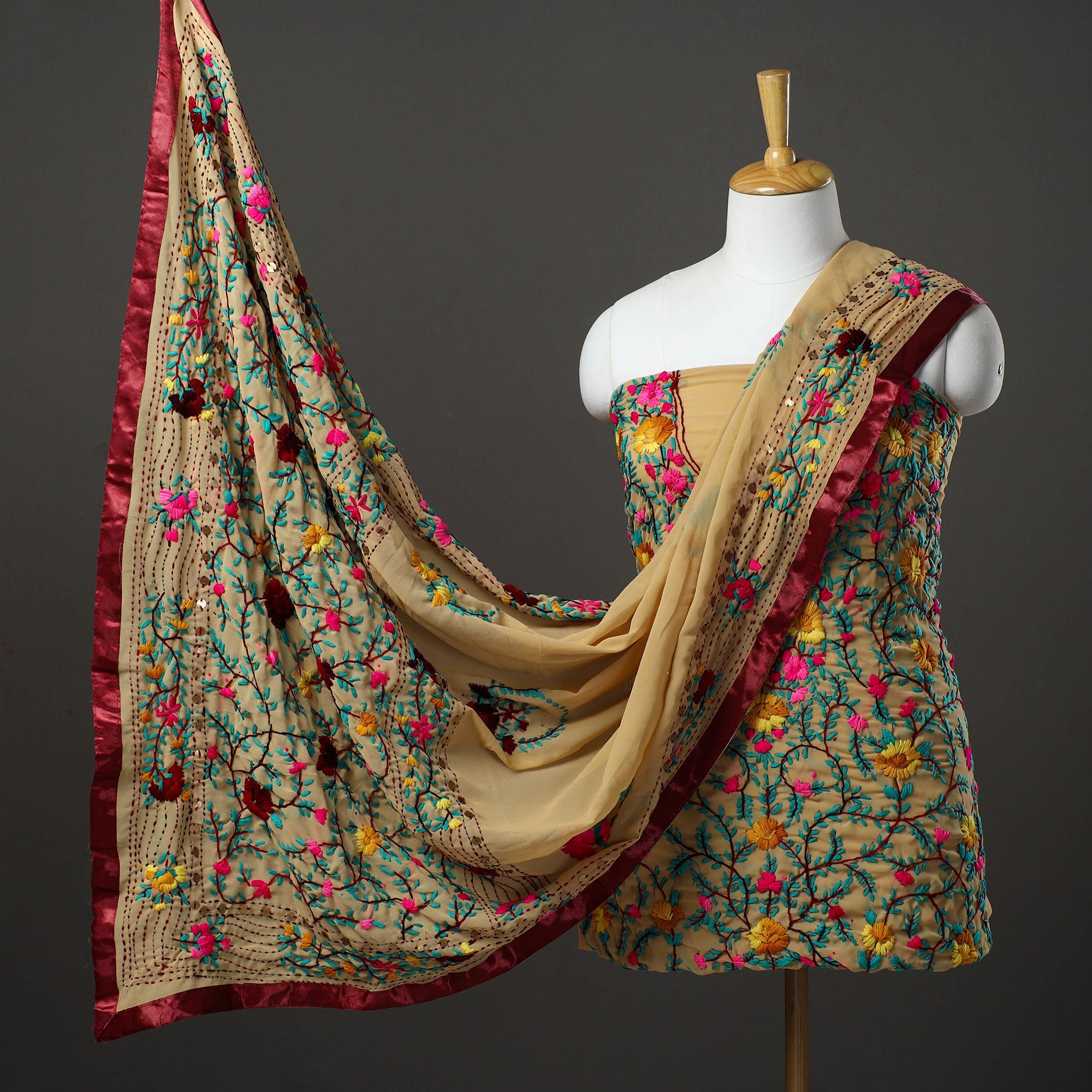 ITOKRI CRAFTS INITIATIVE Brown - 3pc Hand Embroidery Georgette Phulkari Dress Material 40