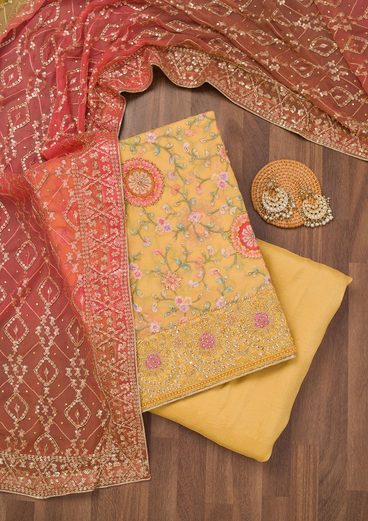 Koskii Yellow Threadwork Semi Crepe Unstitched Salwar Suit