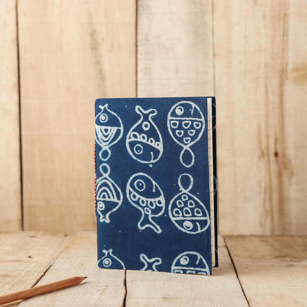 BINDAAS UNLIMITED Blue - Art Block Print Fabric Cover Handmade Paper Notebook (7 x 5 in)